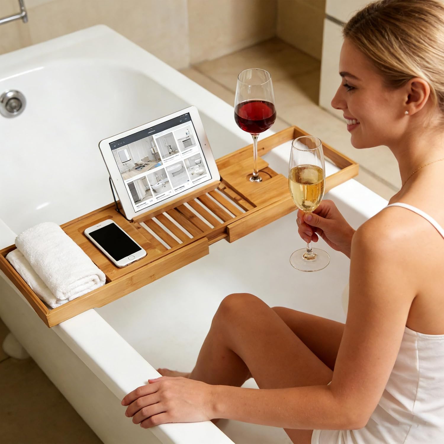 Expandable Teak Bathtub Tray with Holder Phone Mount Storage Design Adjust Shelf