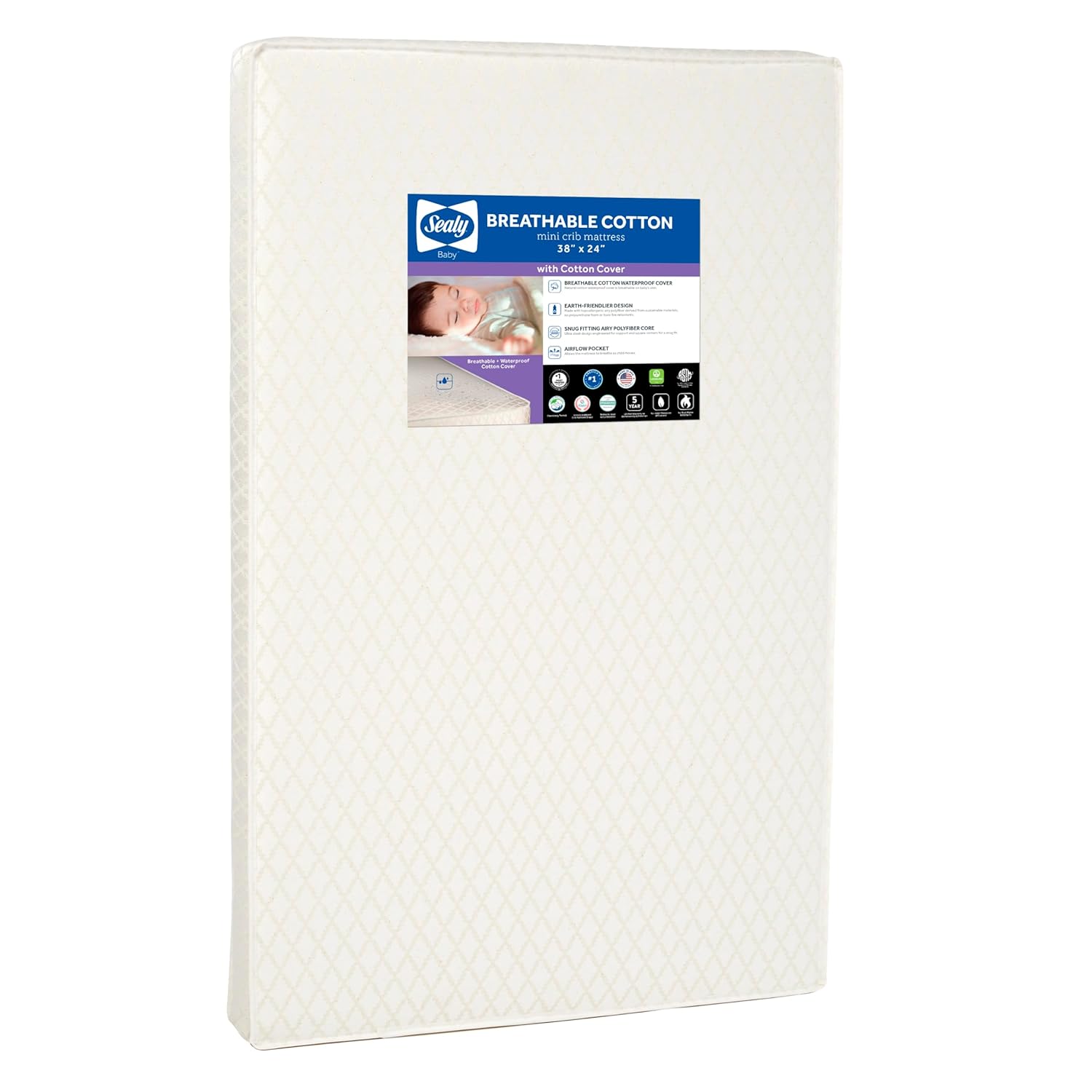 Sealy Baby Breathable Waterproof Cotton Portable Mini Crib Mattress, Premium Sustainable Non Toxic Core, Hypoallergenic, GREENGUARD Gold Certified, Safety & Quality Tested, Made in USA, 38x24 White Pure Dreamer