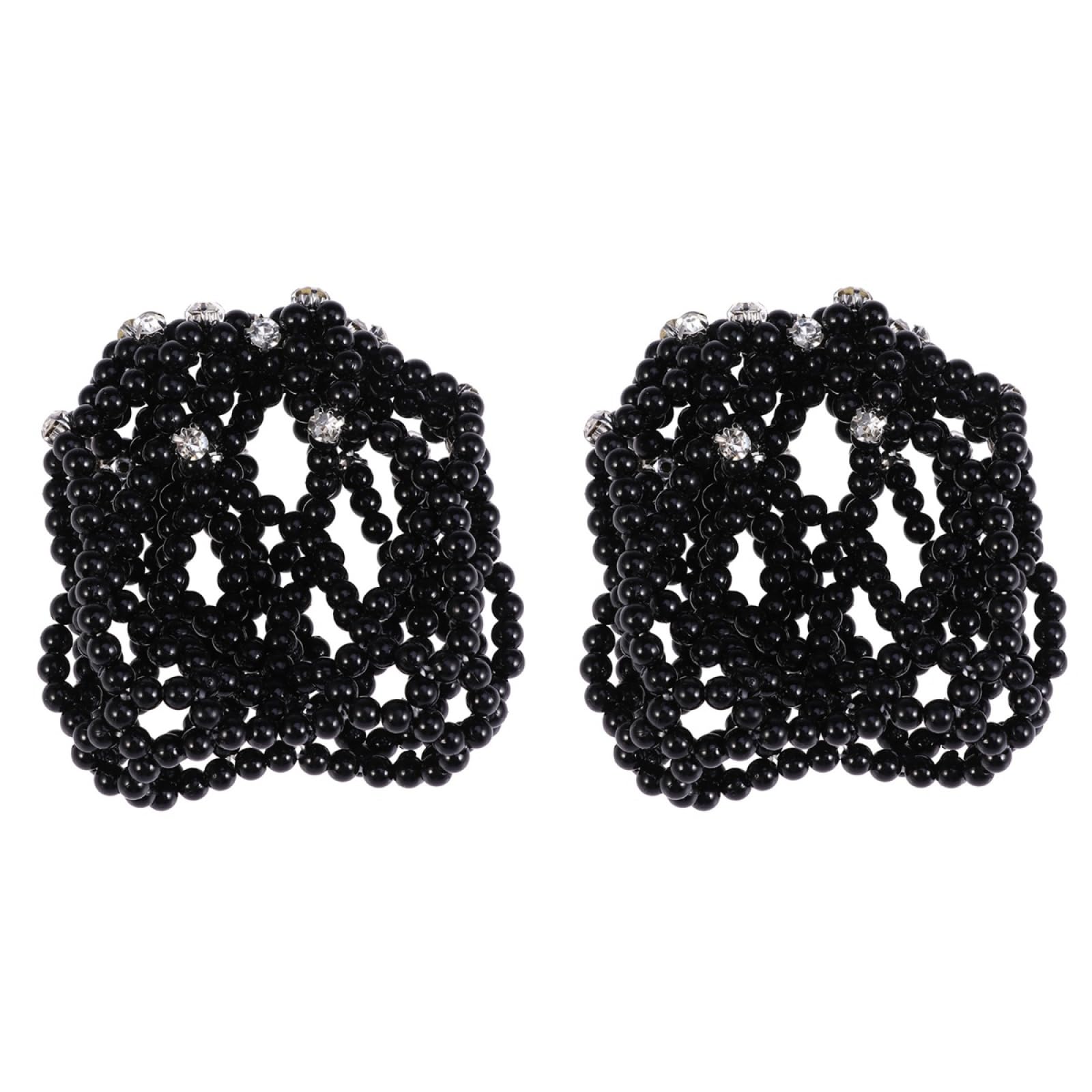FRCOLOR 2pcs Elastic Hair Snood Net Handmade Crochet Pearl Hairnet for Dance Performance Black, Bun Cover for Dancers and Skaters