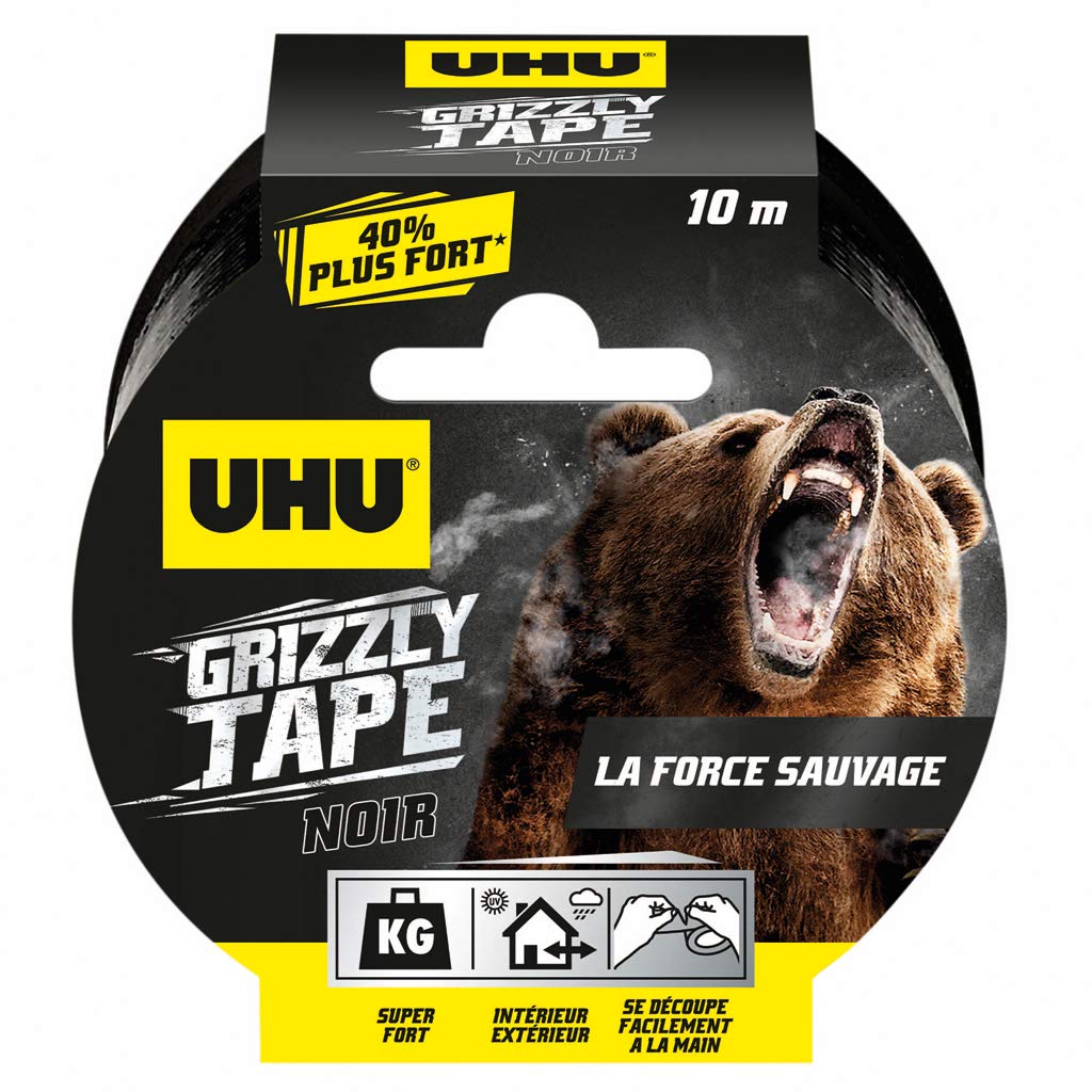 UHU Grizzly Tape - Wodoodporna taśma klejąca do naprawy, konsolidacji, zatykania, łączenia, ultra mocna i trwała, czarna, 10mx50mm