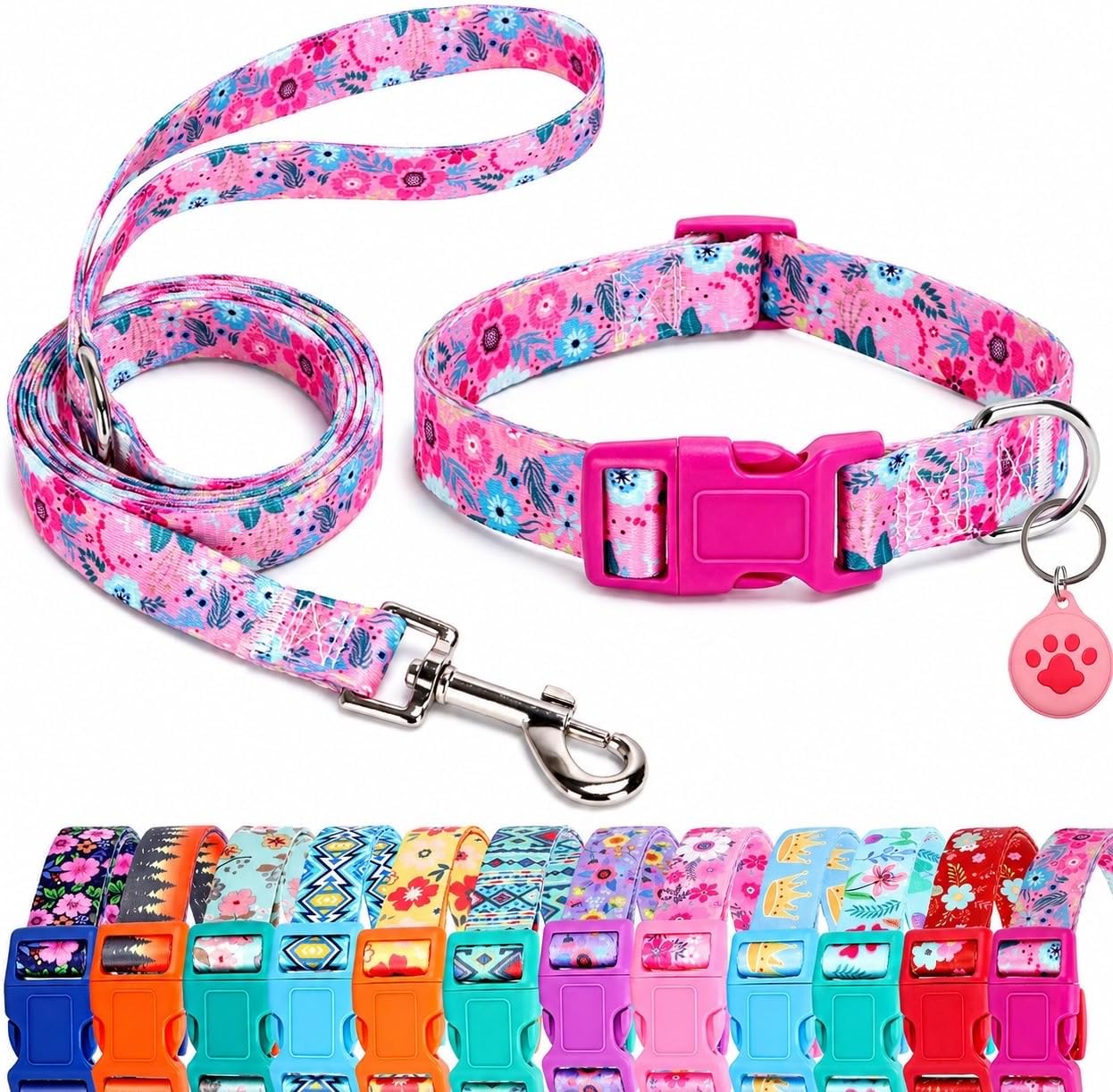 Floral Matching Dog Collar and Leash Set with AirTag Holder-Rose Daisy/S