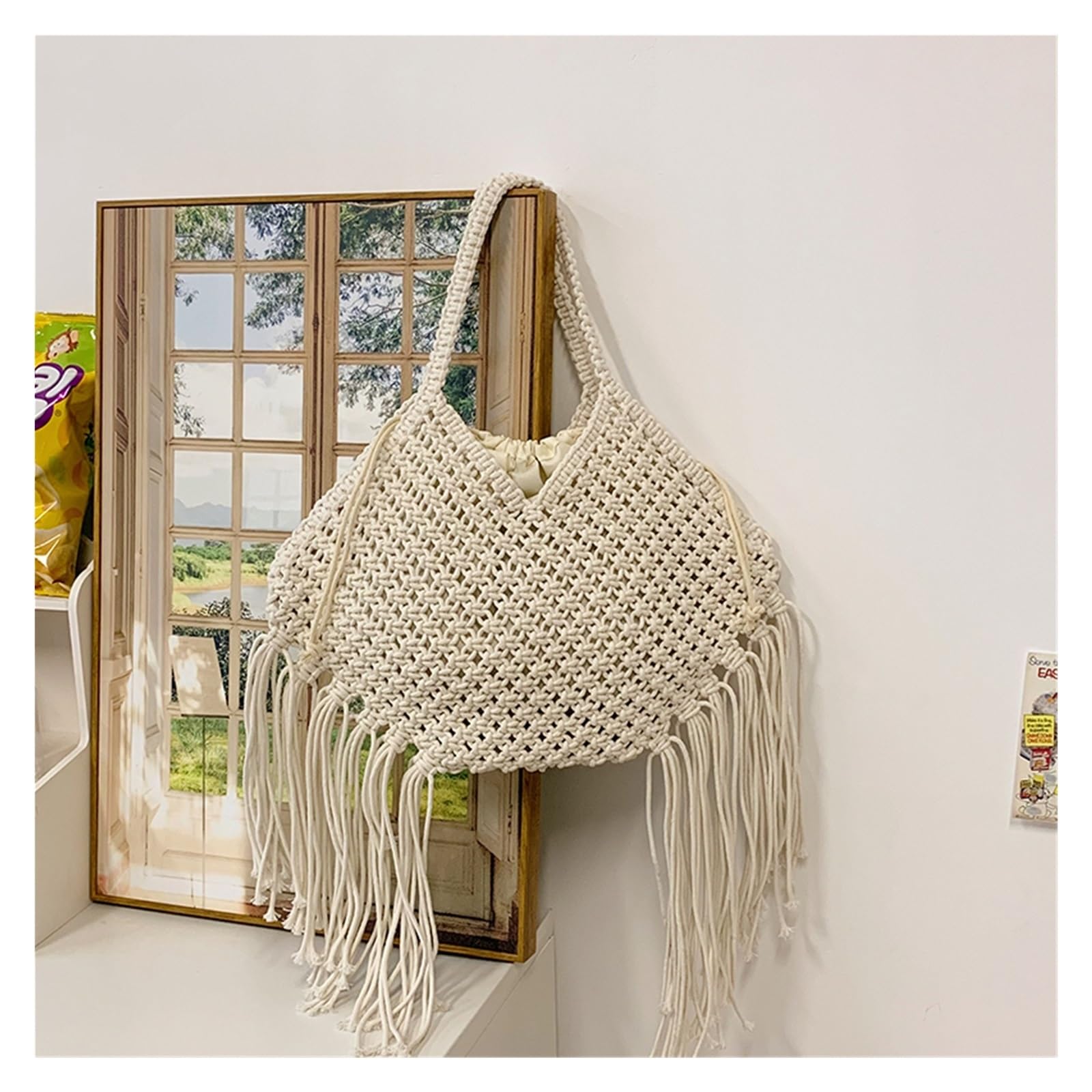 bolso mujer verano Bolso de playa for mujer estilo bohemio con borlas tejidas y hombro diseño calado