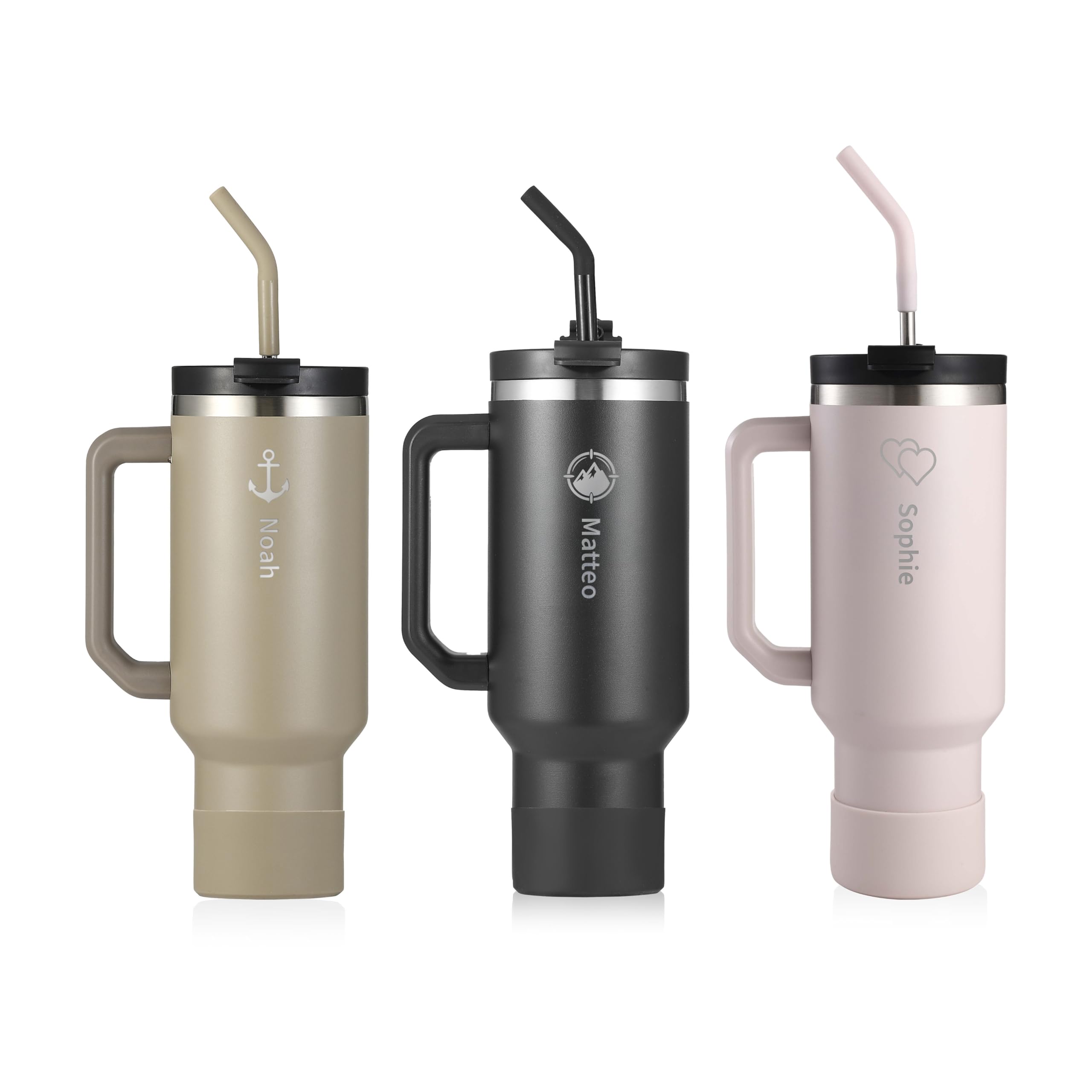 Thermobecher 1180ml mit Namensgravur – Personalisierter 40oz Edelstahlbecher mit Henkel, Deckel & Strohhalm – Hält 10h heiß & 12h kalt, BPA-frei, auslaufsicher (Black + Gravur)