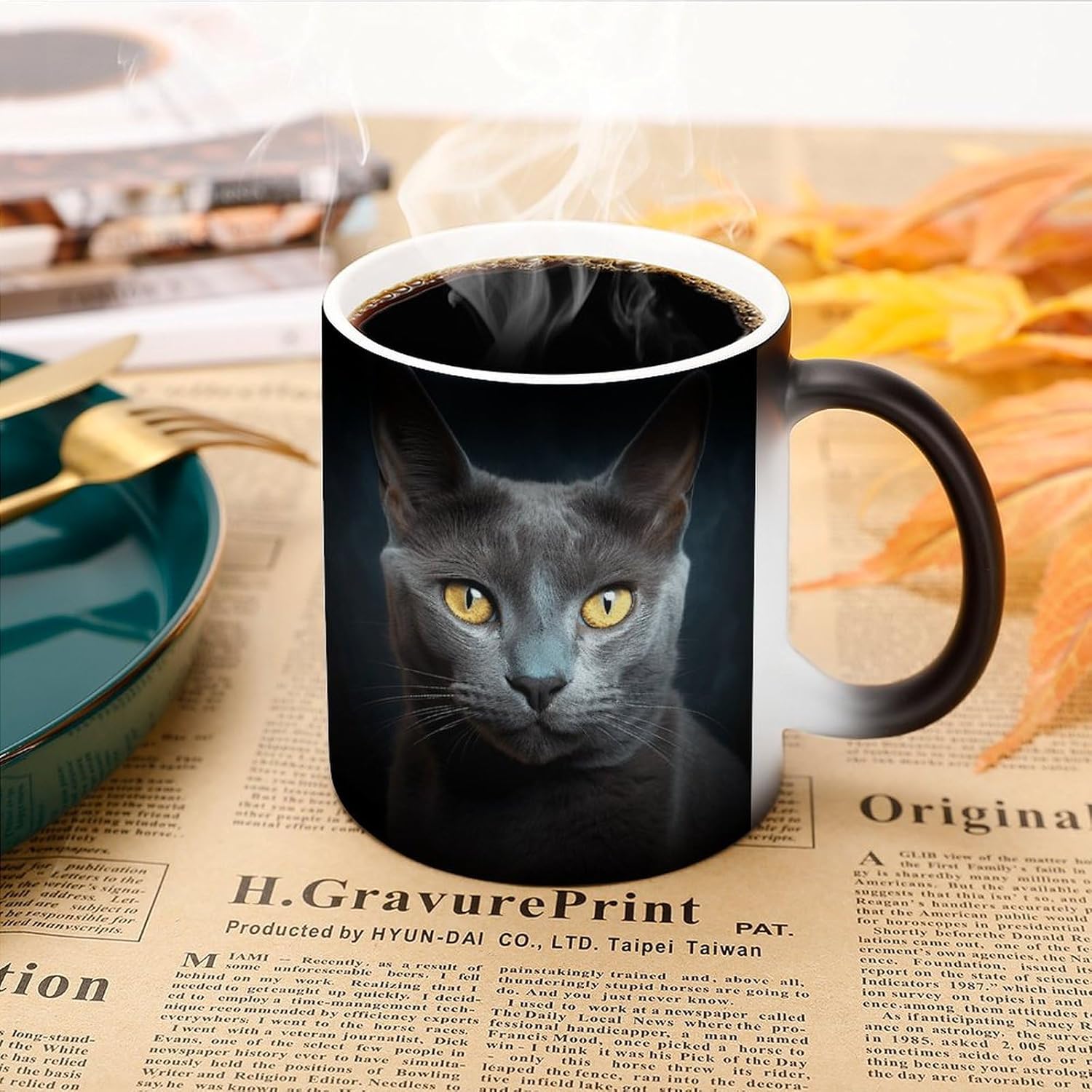 Color Changing Cups,Gray Cat Stares Printed 11 Oz Ceramic Cups for Birthday Men Women