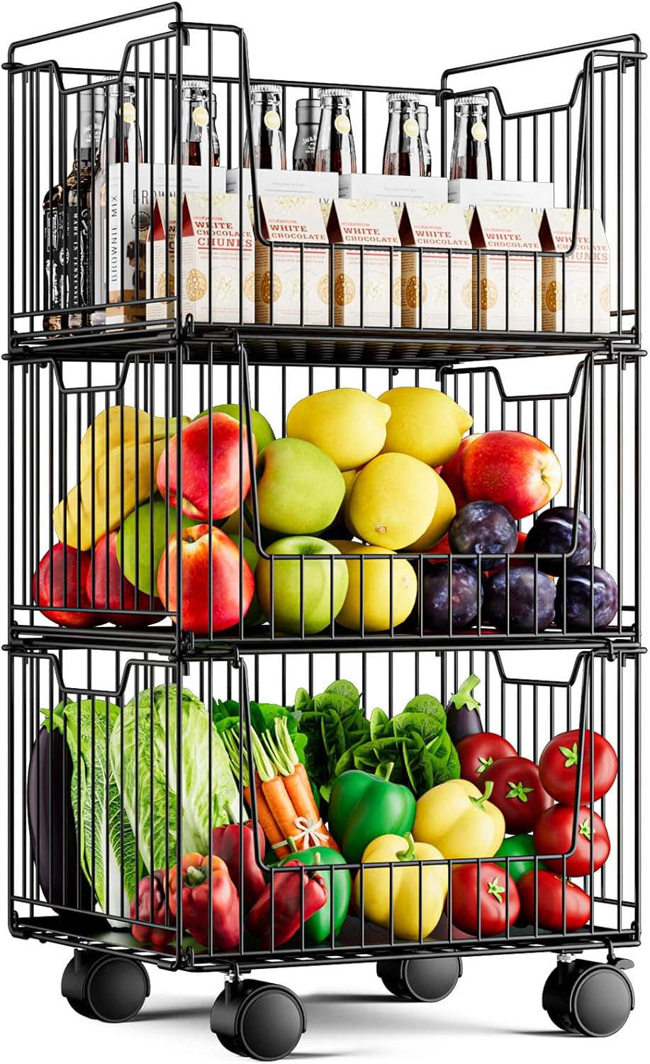 Metal Storage Carts with Wheels, 3 Tier Rolling Cart Organizer, Stackable Pantry Storage Cart, Fruit and Vegetable Storage Basket, Metal Wire Storage Baskets for Kitchen Vegetable Storages Rack
