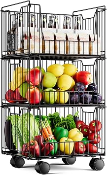 Metal Storage Carts with Wheels, 3 Tier Rolling Cart Organizer, Stackable Pantry Storage Cart, Fruit and Vegetable Storage Basket, Metal Wire Storage Baskets for Kitchen Vegetable Storages Rack