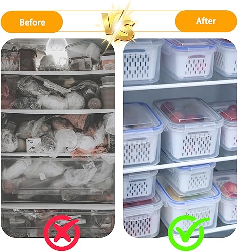 Miniatura 5 de 6 recipientes de almacenamiento de frutas para refrigerador con coladores extraíbles, recipiente hermético de almacenamiento de alimentos con tapas,