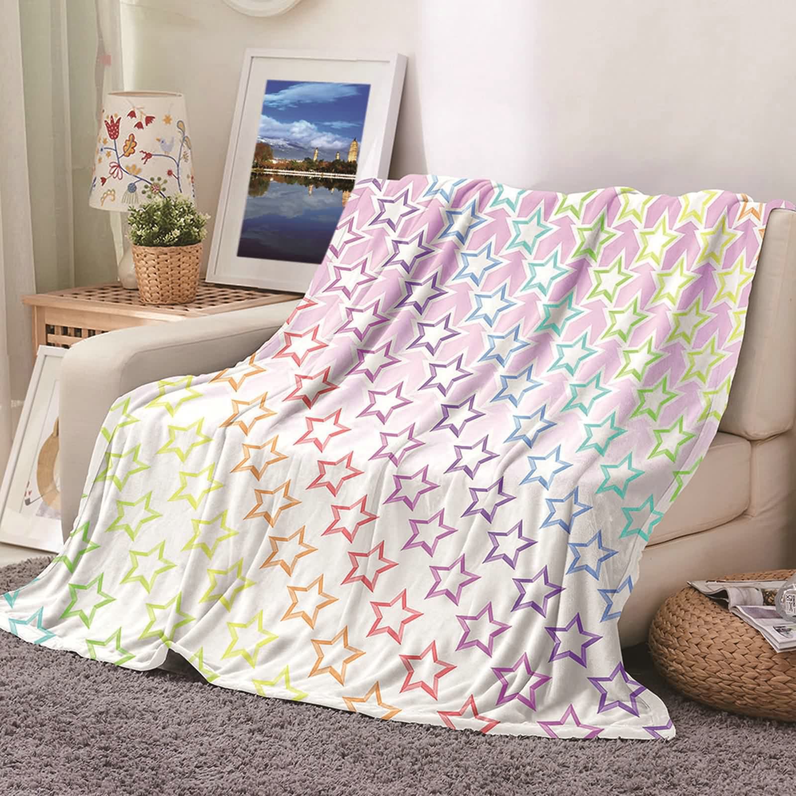 Aeici Koc polarowy, wełniany koc flanelowy 180x200 cm kolorowe gwiazdy koc na sofę zimowy do salonu sofa łóżko