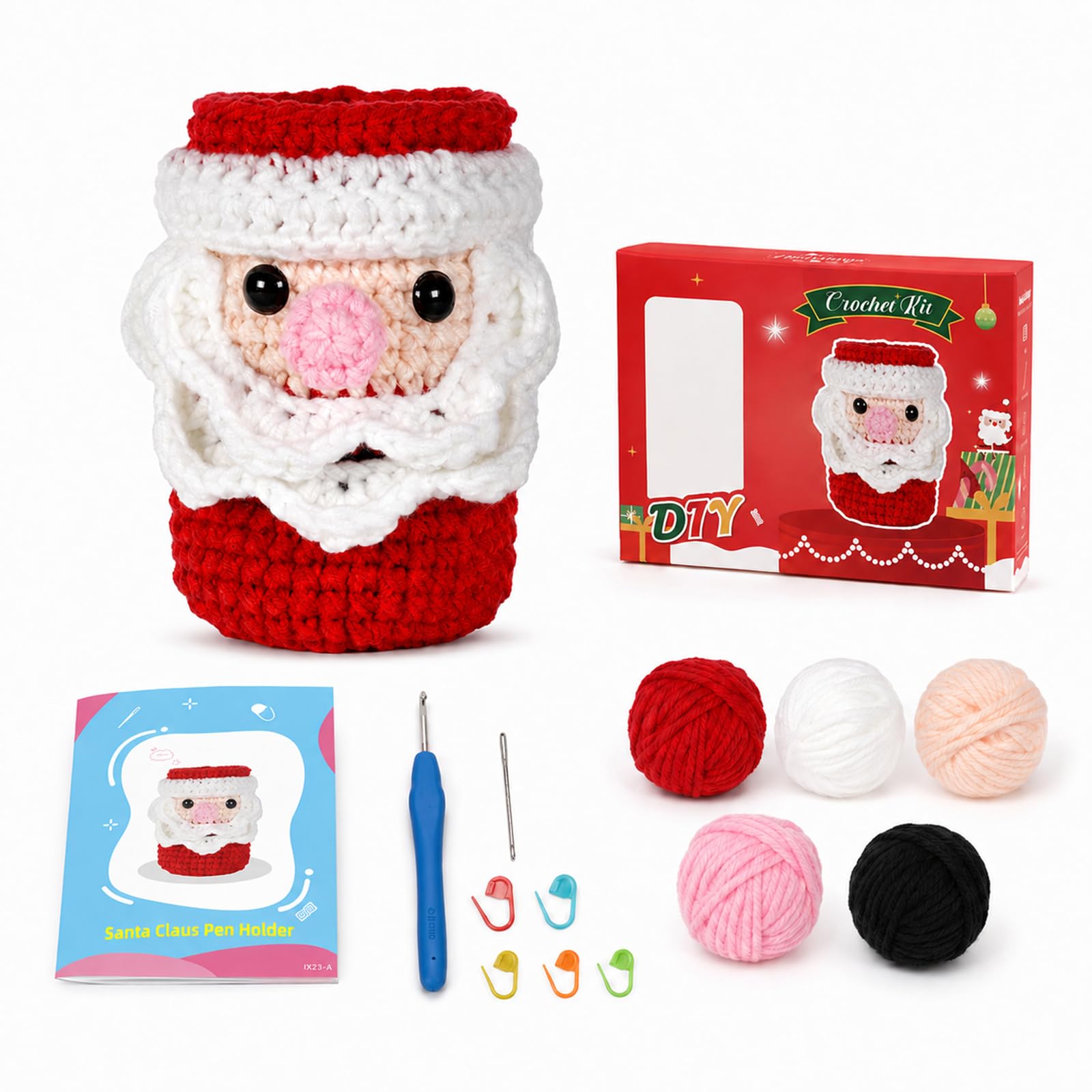 Santa Claus Crochet Kit for Beginners, DIY Christmas Pen Holder Craft