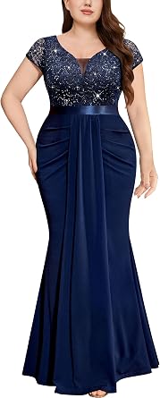 MISSMAY Women's Plus Size Elegant V-Neck Lace Sequin Ruffle Wedding Guest Banquet Evening Maxi Dress