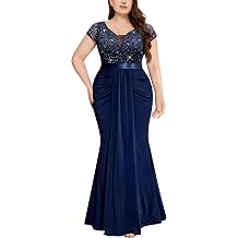 MISSMAY Women's Plus Size Elegant V-Neck Lace Sequin Ruffle Wedding Guest Banquet Evening Maxi Dress