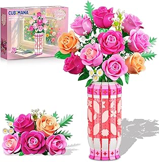 Bouquet de Roses romantiques Roses avec Vase et éclairage LED, 845 pièces de Mini Blocs de Construction botaniques de 3,6 mm, Fleurs artificielles pour décoration de Bureau et de Maison