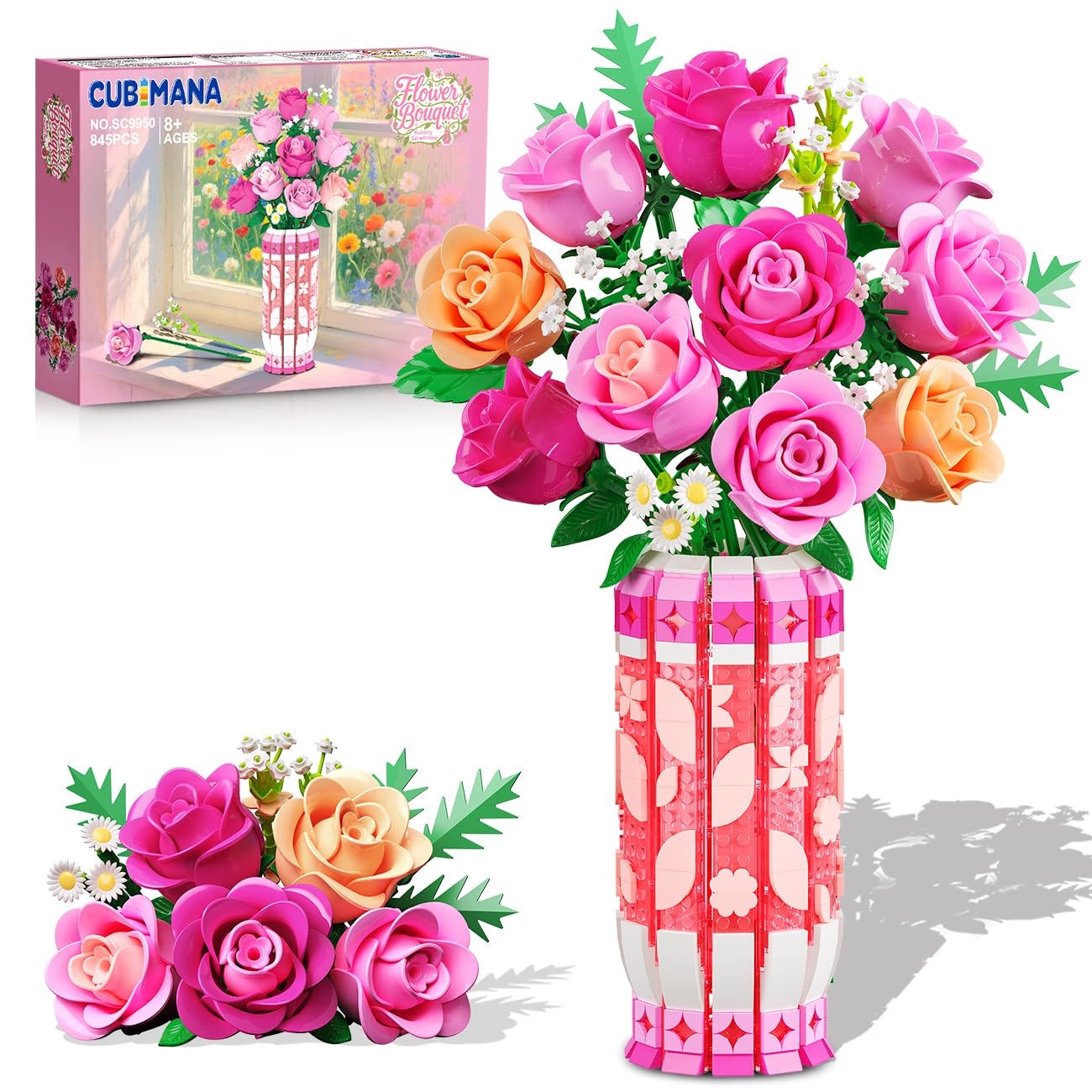 CUBIMANA Romantic Pink Roses Bouquet Building Set including Vase & LED Light, 845PCS Flowers Botanical Building Blocks Toys