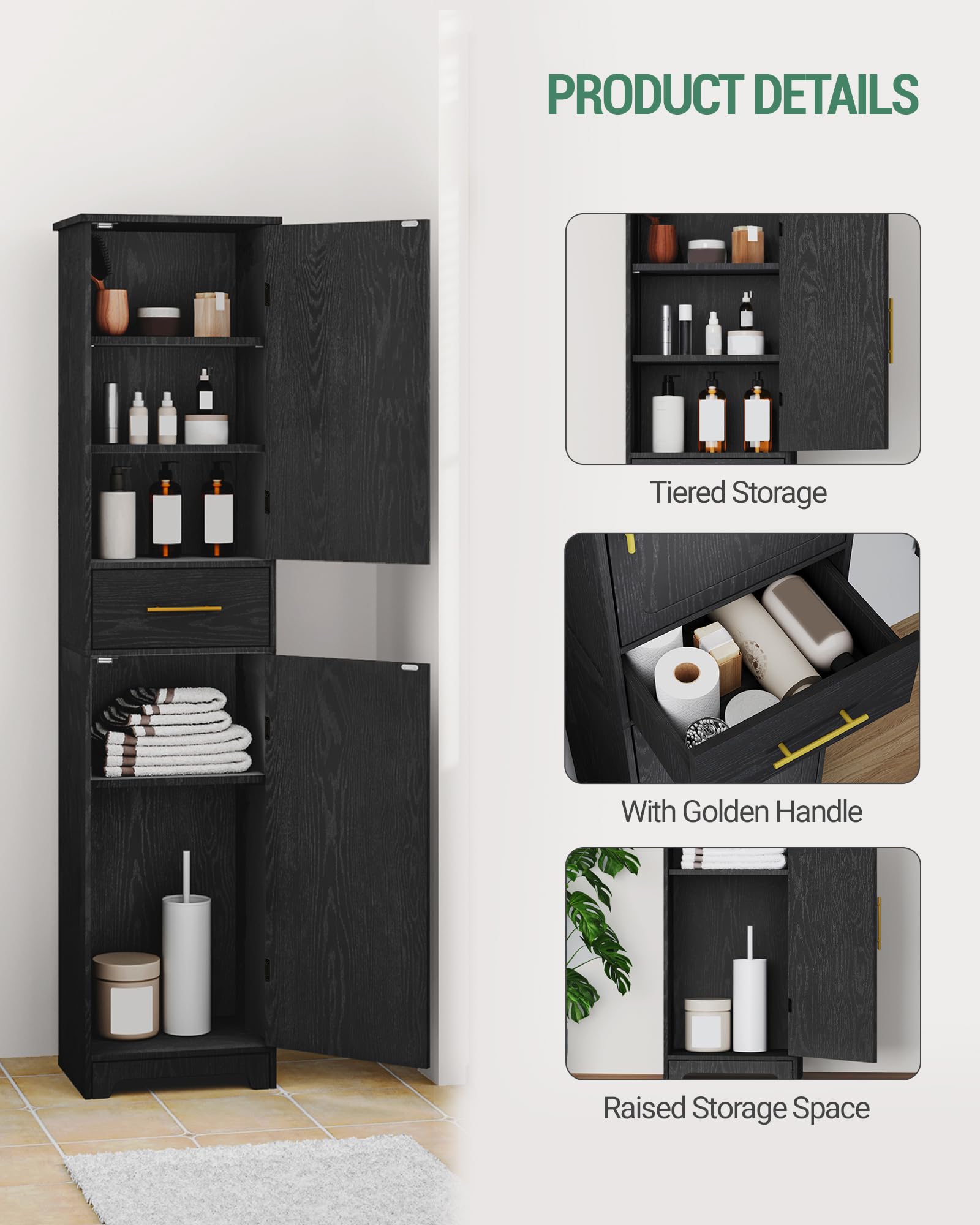 Hzuaneri Mobile da Bagno, Mobile Portaoggetti con Cassetto, Ripiani Regolabili, 30 x 40 x 170 cm, Armadio Alto e Stretto, per Soggiorno, Camera da letto, Cucina, Corridoio, Nero SC18304X