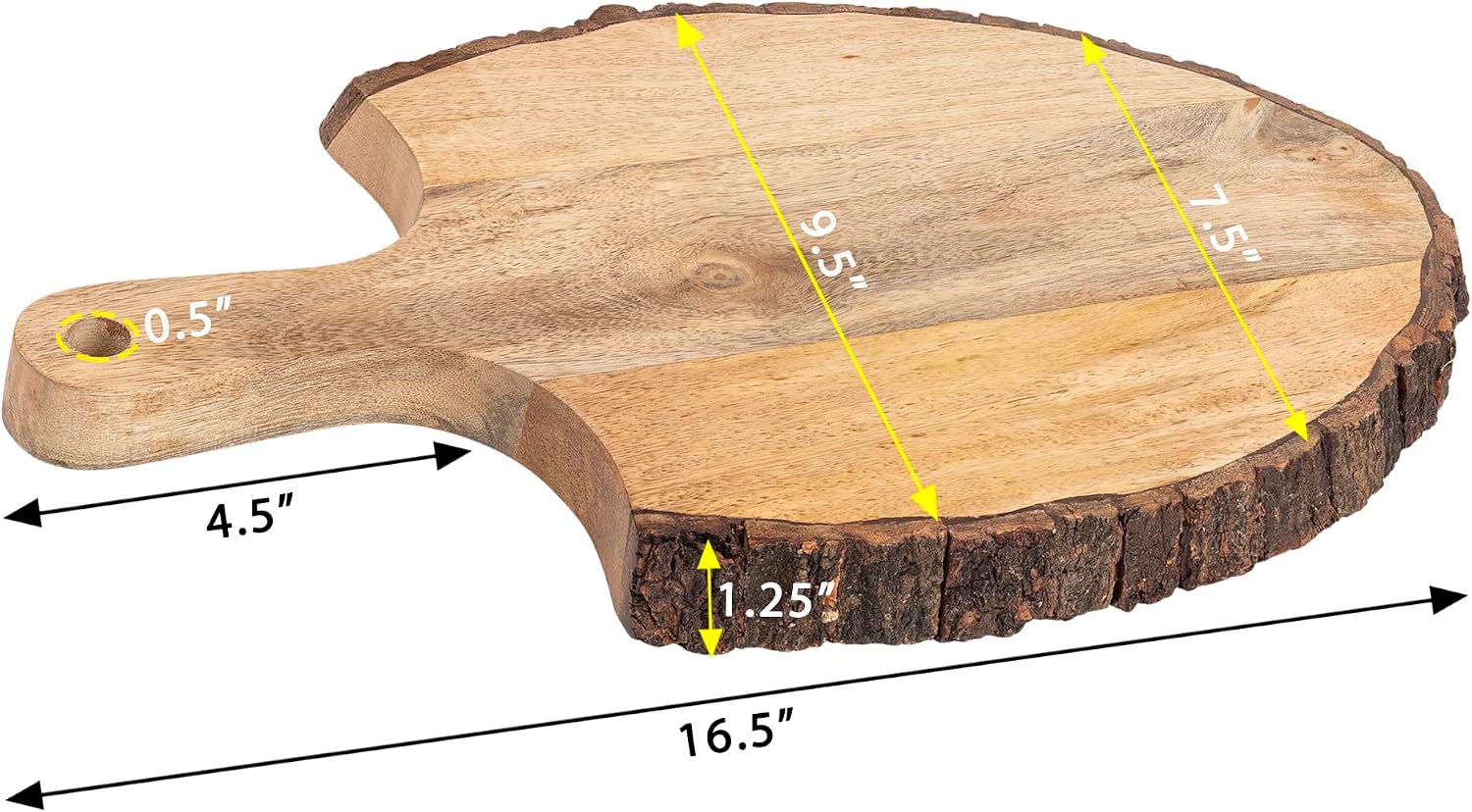 GoCraft Wooden Cutting Board with Tree Bark Rim | Paddle Shaped Mango Wood Live Edge Chopping, Prep, Serve Board with Handle | Charcuterie Platter - 16.75" x 9"