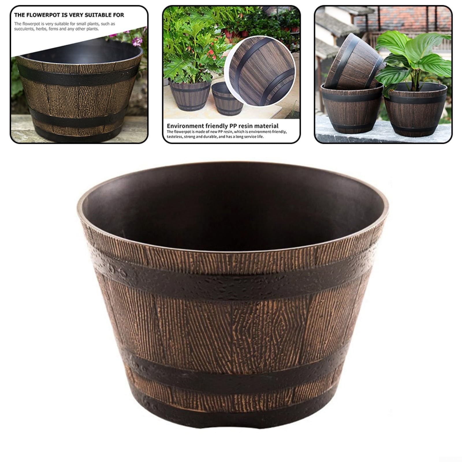 Pot de fleurs rond en résine, seau à whisky en imitation bois pour plantes grasses, herbes, fougères, jardin, terrasse, intérieur et extérieur, 31 cm (31 cm avec trous)