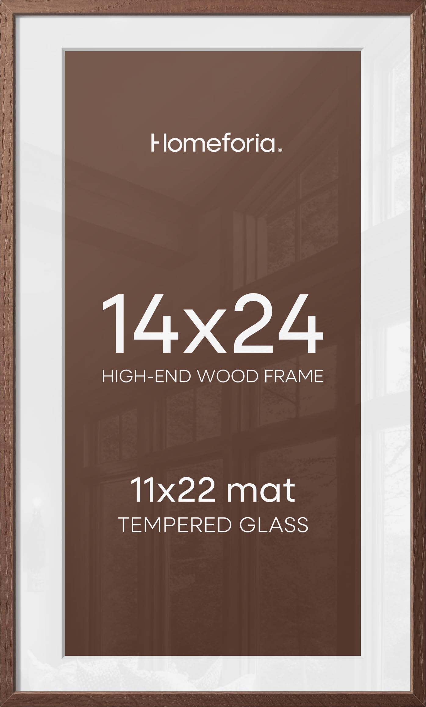 Homeforia 14x24 Brown Oak Picture Frame, High-End Wood, 11x22 Mat, Glass | High End Solid Oak Wood, Tempered Glass, Acid-Free 11x22 Removable Mat, 14x24 Edge-to-Edge Display 24x14, Wall Kit, Set Of 3