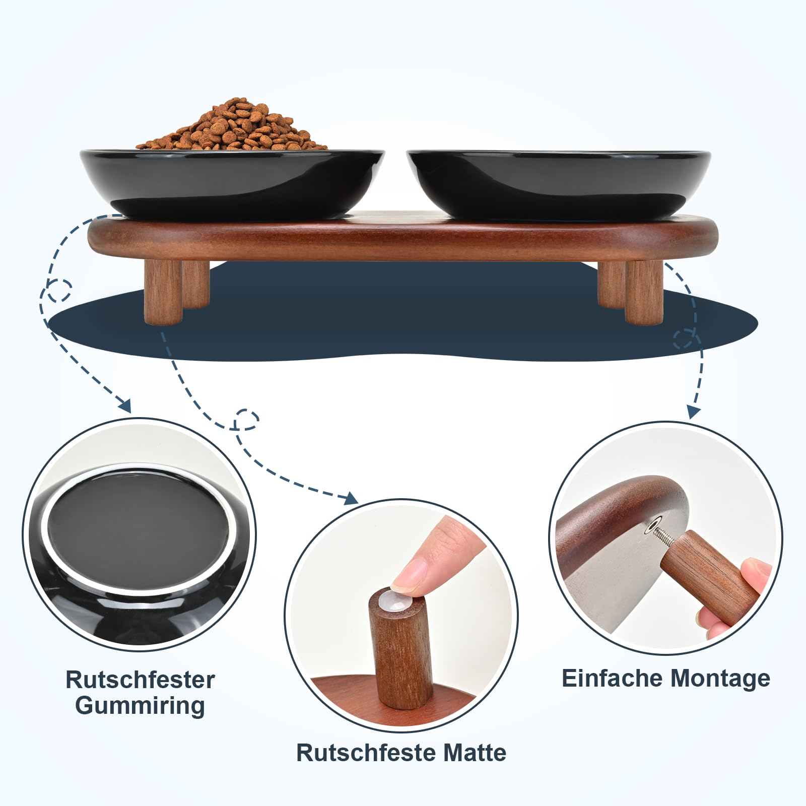 SPUNKYJUNKY Keramik Erhöhter Katzennapf mit Akazienholz Ständer Schnurrhaarfreundliche Katzen Futternapf Katze Futterstation (Katzenpfotenmuster, Schwarz)