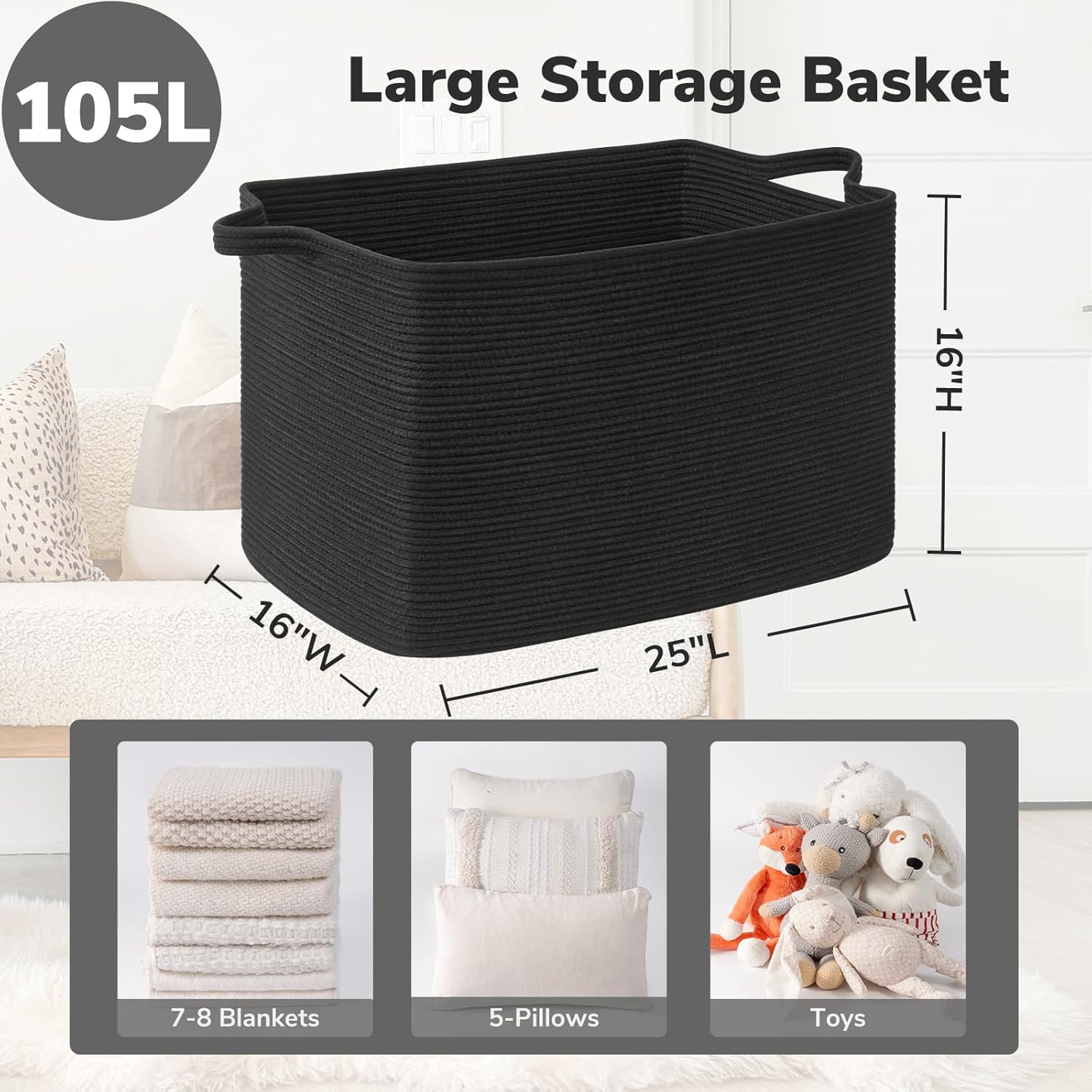 Goodpick Large Woven Storage Basket, 105L Extra Large Blanket Basket for Living Room, Bedroom, Rectangle Cotton Rope Organizer for Toy Storage, 25”x16”x16”, Black