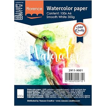 Florence Watercolour Paper Smooth - Drawing Pad for Watercolours A6 - White - Painting Pad for Watercolours - Art Supplies and Scrabooking - 300 gsm