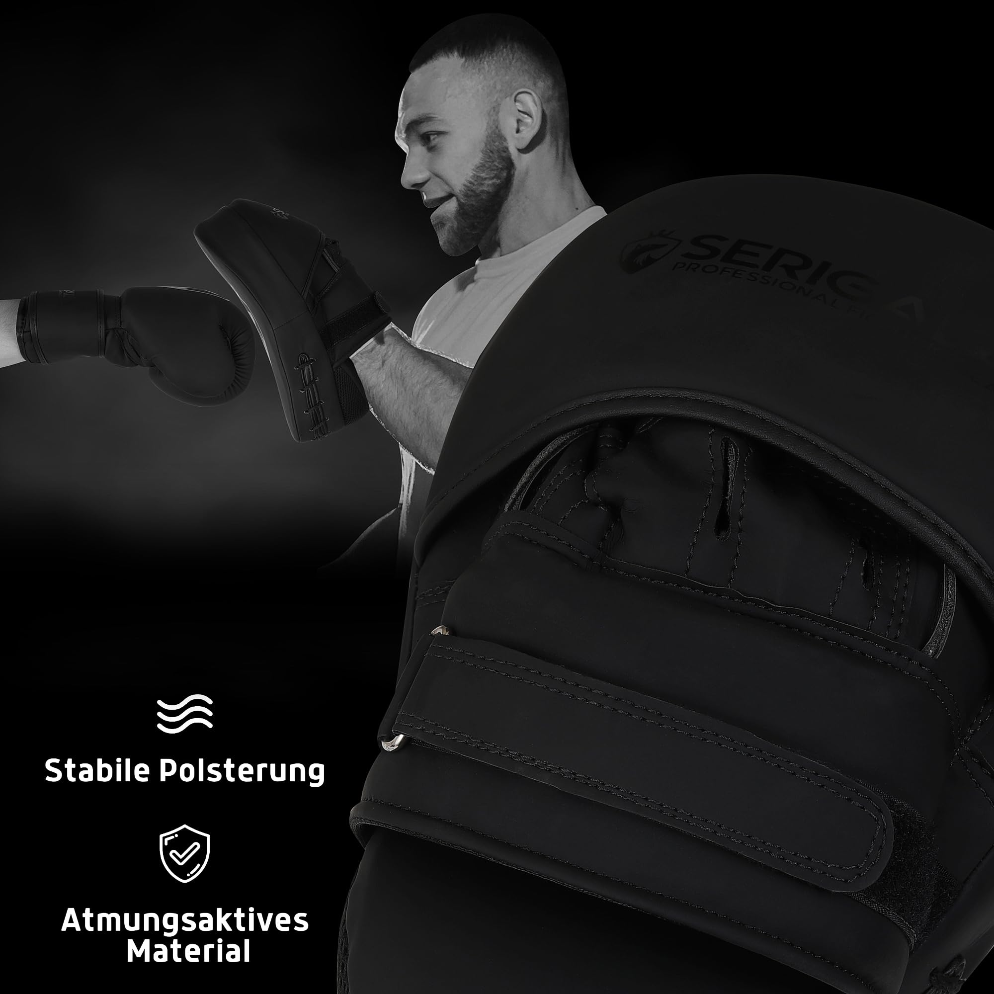 Serigala Boxpratzen Set mit idealer Polsterung und Stabilität - Pratzen Boxen für Kampfsport - 2 Handpratzen für Boxen, Kickboxen, Muay Thai - Inklusive Tasche schwarz/schwarz