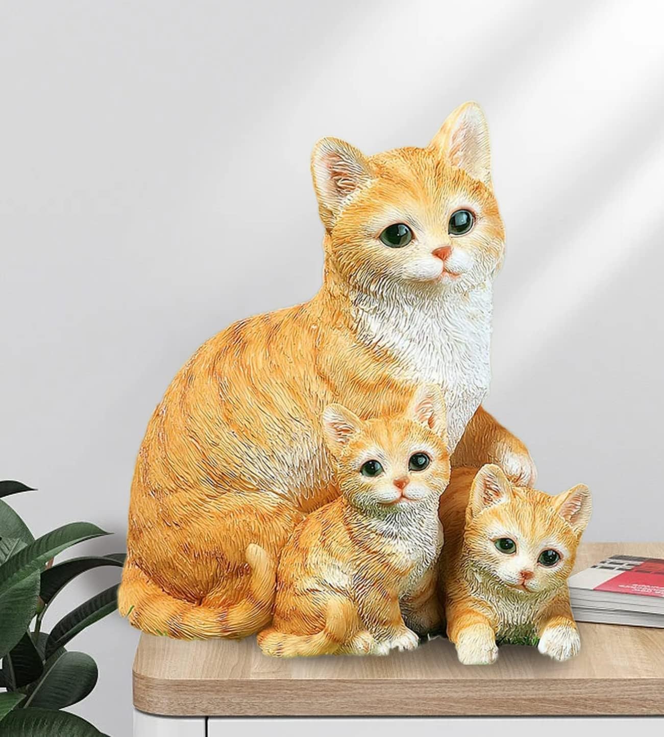 Cute Cat Garden Outdoor Decor Statues – Funny Hand-Painted Resin Cat with Kittens Figurine, Yellow Garden Statues Sculptures Outside Decorations for Patio Yard Lawn Porch