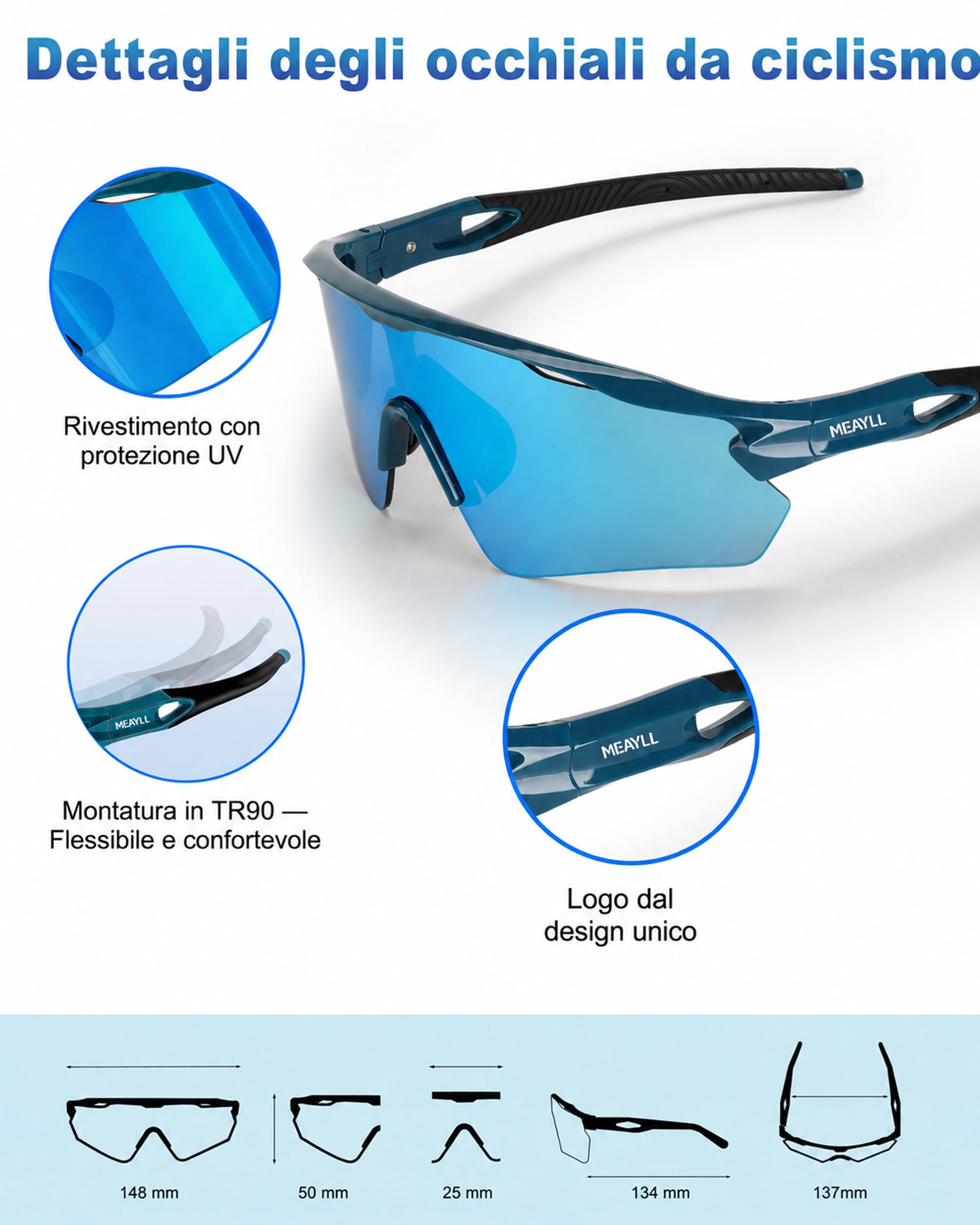 Occhiali Ciclismo Uomo Donna, Anti-UV400, Occhiali da Sole, Occhiali Running Sportivi TR90 Ultraleggeri 29g, Occhiali veloci Naselli e Aste Regolabili per MTB Bici Sport Outdoor