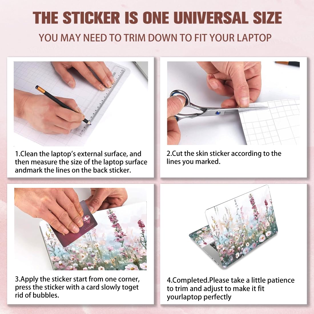 PLIGREAT Wildwill Floral Laptop Skin Adesivo per computer portatile da 12" 13" 13,3" 14" 15 pollici ad acquerello universale rimovibile in vinile Notebook Art Protector Netbook PC Cover adesiva
