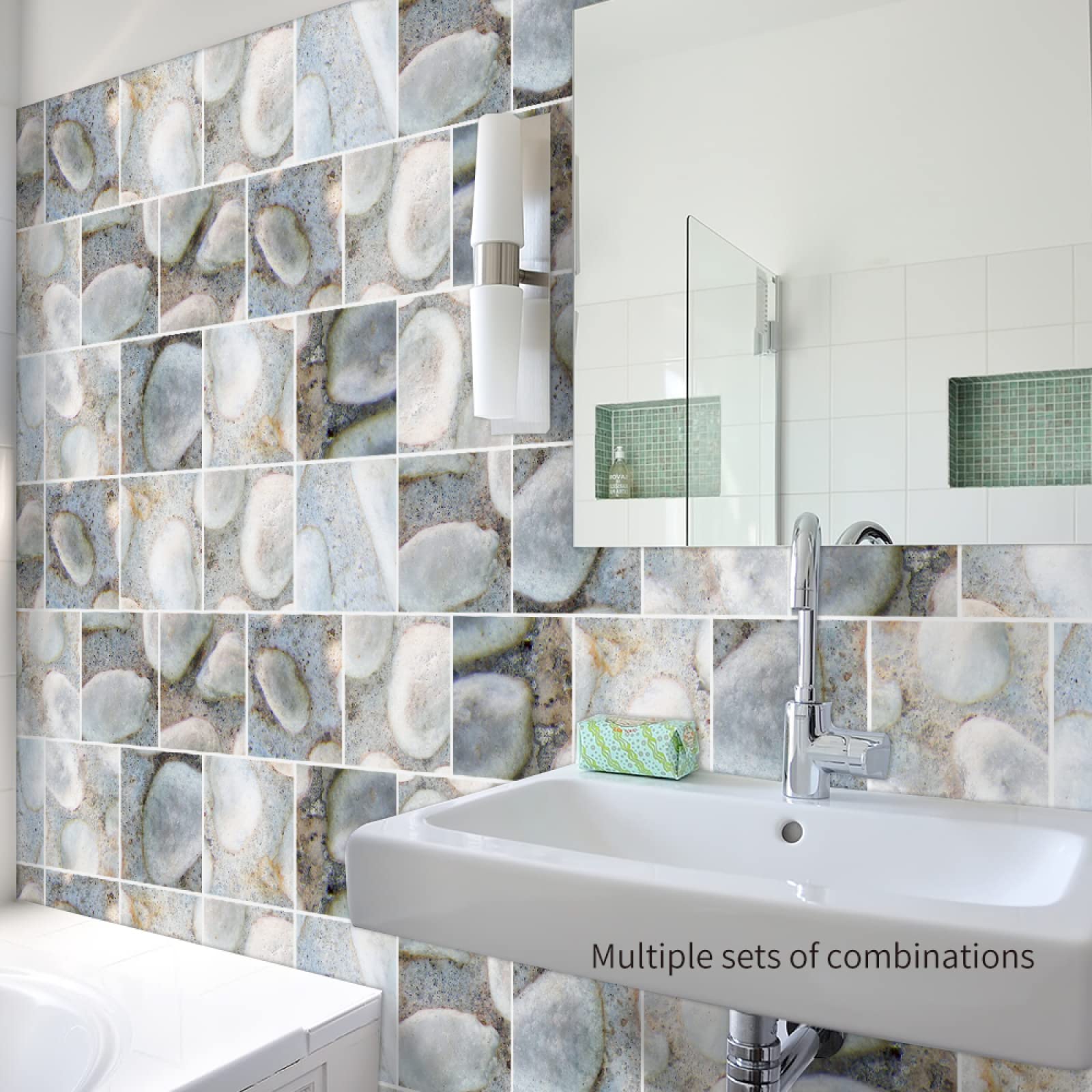 Naklejki na płytki z białym kamykiem samoprzylepne PVC samoprzylepne naklejki na płytki trwałe, łatwe do odklejenia i nałożenia na podłogi, wodoodporne, do łazienki i kuchni, 15 x 15 cm/20 A