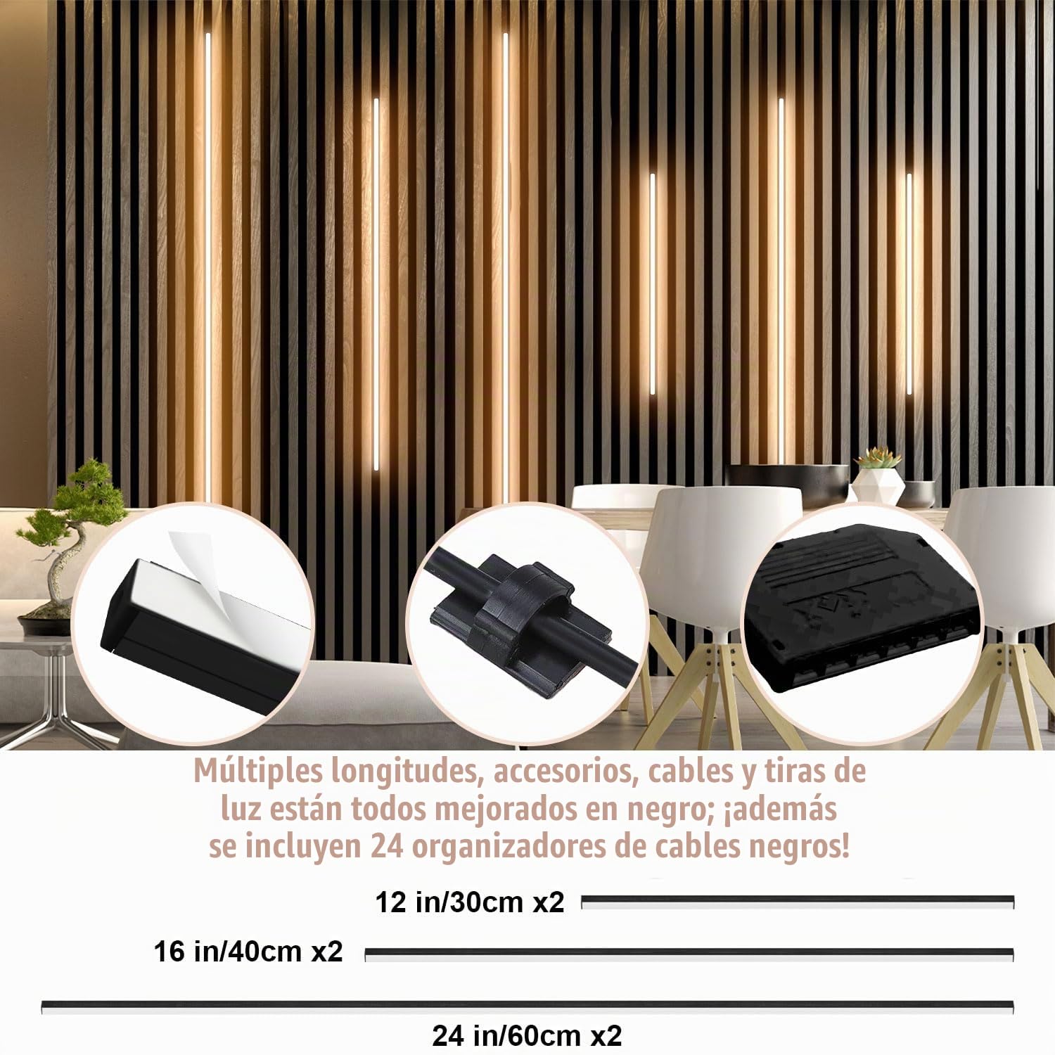 Lichaser 6 Tiras LED Negras Empotradas para Panel Acústico, WiFi Blanco Cálido Tira LED Paneles Insonorizacion Compatibles con Alexa, Adhesiva Luz para Panel Madera Acustico (30 * 2+40 * 2+60 * 2 cm)