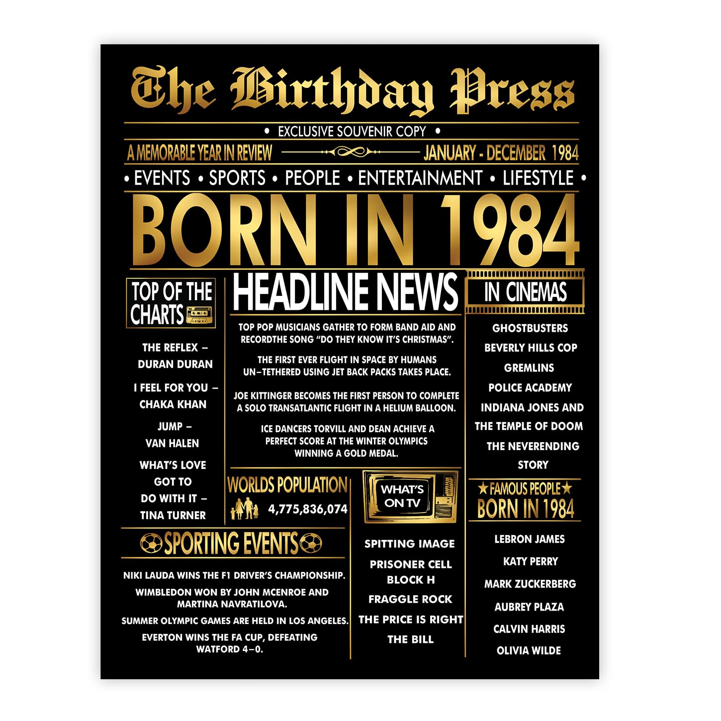 Stuff4 Gold 42nd Birthday Poster Unframed - Golden Born In 1984 Newspaper - Happy 42 Birthday for Men Women Retro Vintage Gifts Back In 1984, 8x10 Inch Bday Party Decor Decoration