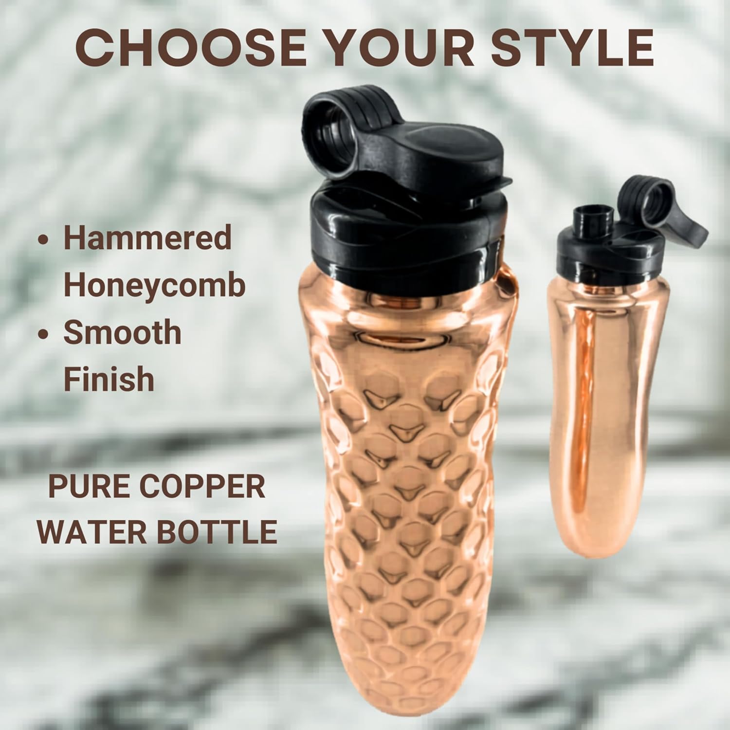 32oz Pure Copper Water Bottle (950ml) – Ayurvedic Drinking Bottle, Leak-Proof Lid, Cup Holder Friendly, BPA & PFAS Free, Smooth or Honeycomb Design (Honeycomb black)