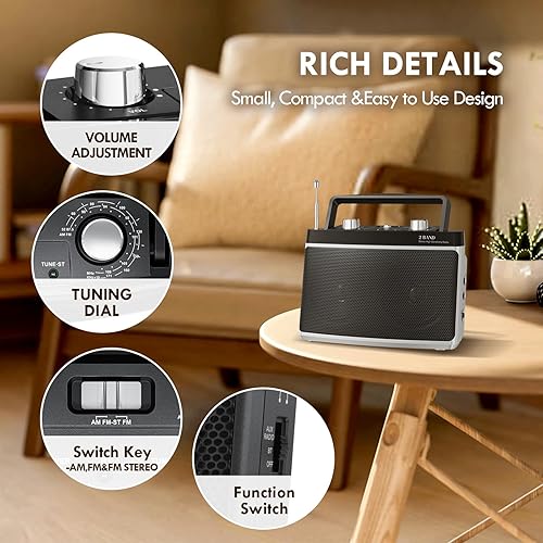 Miniatura 5 de Radio AMFMBluetooth portátil con sonido estéreo y la mejor recepción, funciona con batería o pared, perilla de sintonización grande, conector