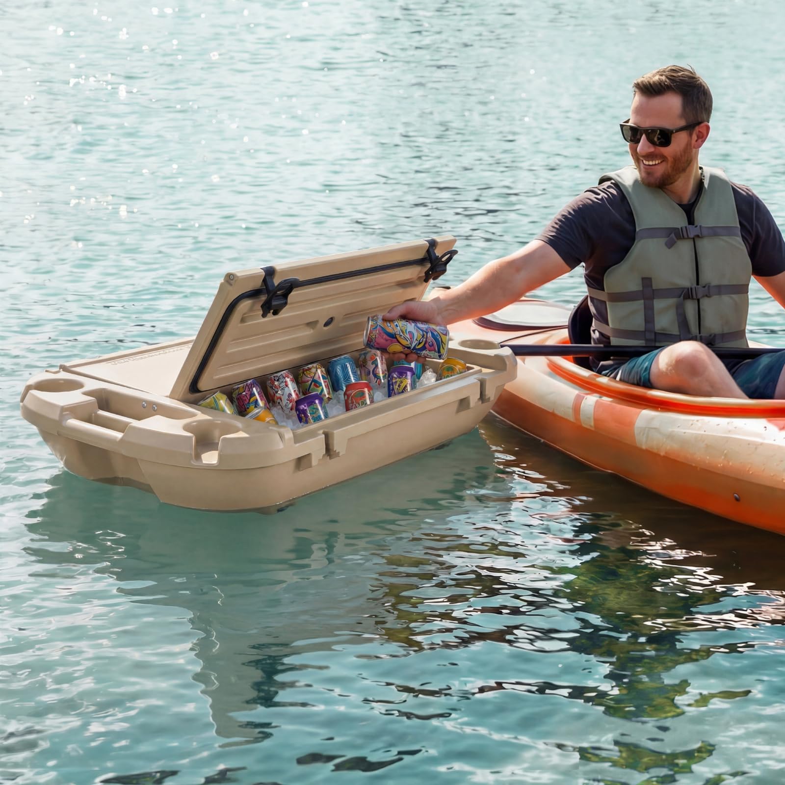 VEVOR Amphibischer Schwimmender Kühler, 37,9 L Schwimmender Getränkekühler mit Trockenfach Zugseil für Wasser & Land, Kippstablier Kühlbehälter aus LLDPE für Pool Fluss Seen Strand Meer Party, Beige