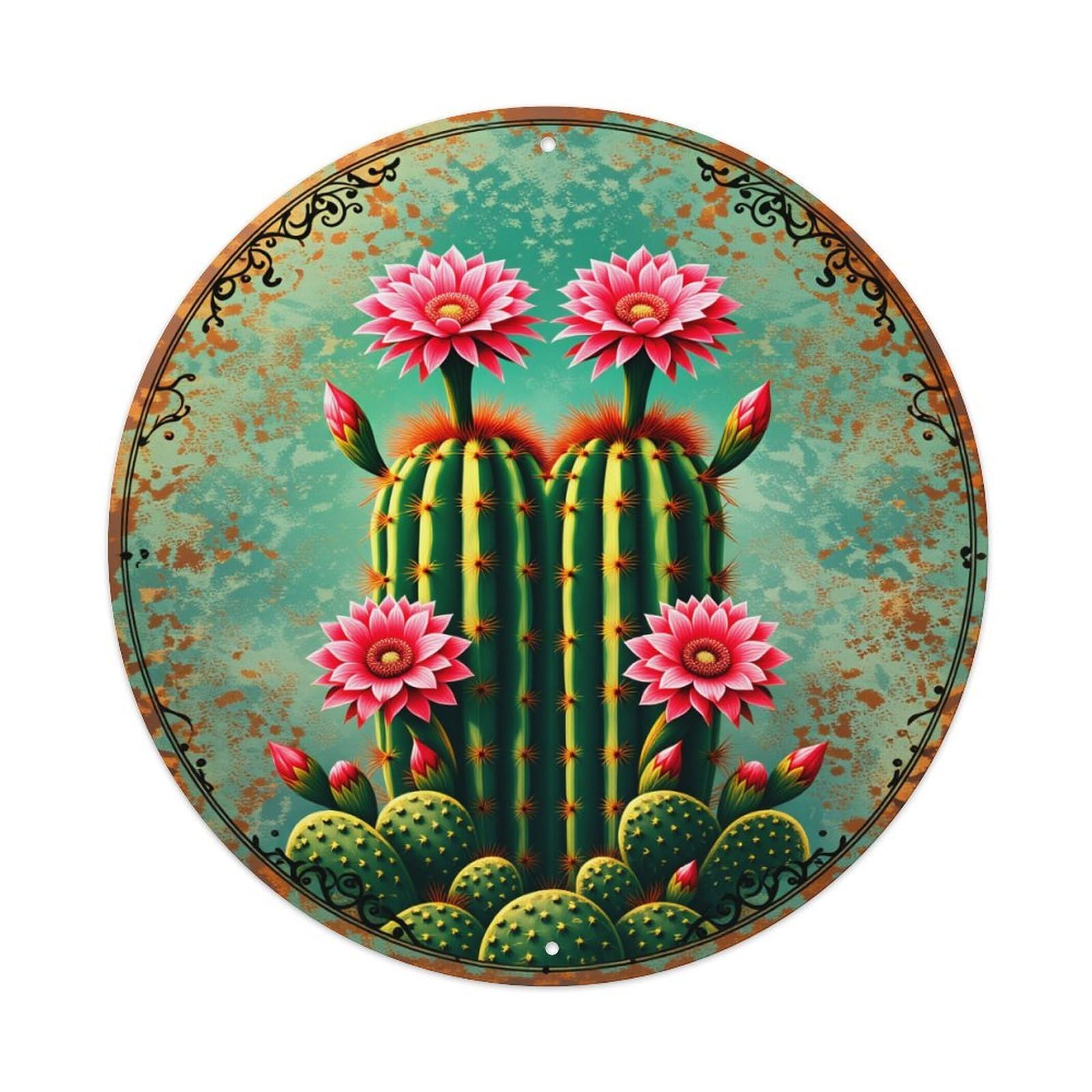 Cactus Flowers Bloom In Vibrant Colors With Ornate Art Round Vintage Tin Sign,Retro Wall Art,Metal Poster for Home, Bar, Garage, Cafe, Rustic Indoor & Outdoor Decor, 8x8 Inches