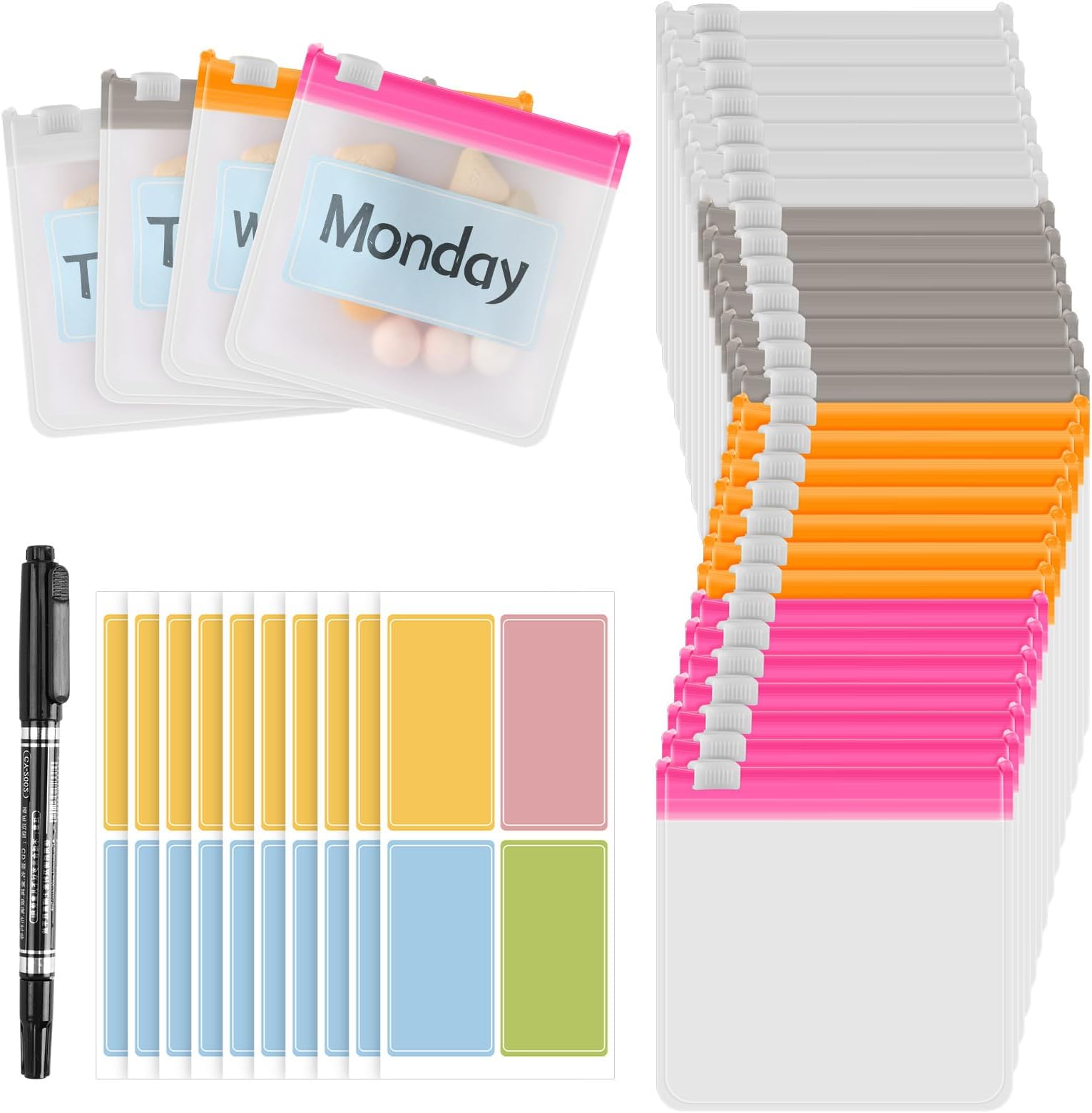 MARFOREVER 39 Pcs Pill Pouch Bags - Pill Pouches Small Medicine Bags Travel Pill Organizer Reusable Translucent Self Sealing 28 Pcs Plastic Pill with Slide Lock 10 Sheets Labels and 1 Pc Marker