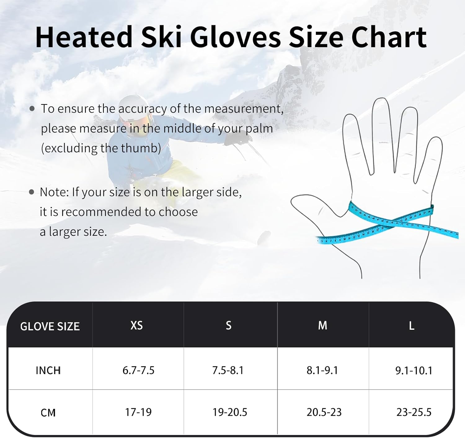 FEETMOR Heated Ski Gloves Size Chart showing measurements in inches and centimeters for XS, S, M, and L sizes, with a diagram of how to measure the palm.