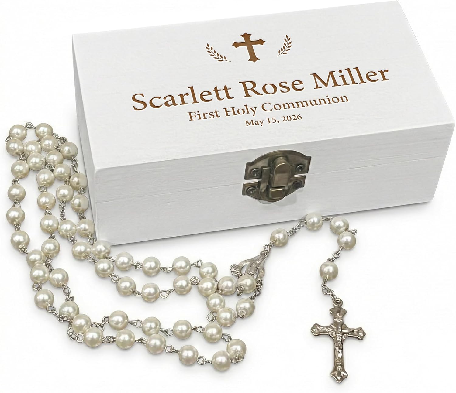 On The Rox Personalized Keepsake Box for First Communion - Custom Engraved Wooden Memory Box for Baptism, Christening Gift - White Wooden Storage Box - Unique Box for Jewelry, Memento, Photo Storage