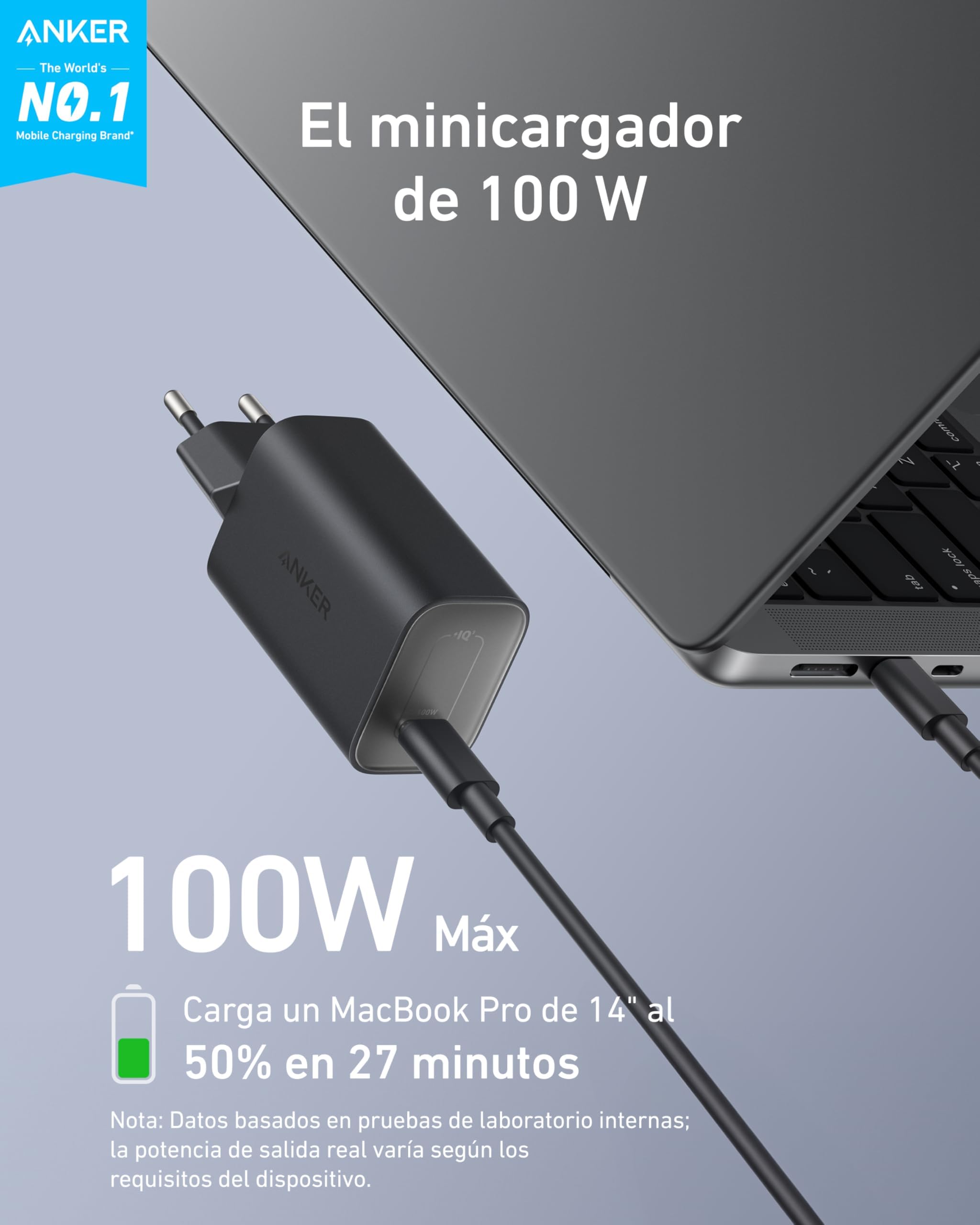 Anker Nano Cargador USB C 100W para MacBook/iPhone 16 | Compatible con iPad, iPhone 15/14/13, Galaxy y dispositivos USB-C. Incluye cable USB-C de 1,8 m