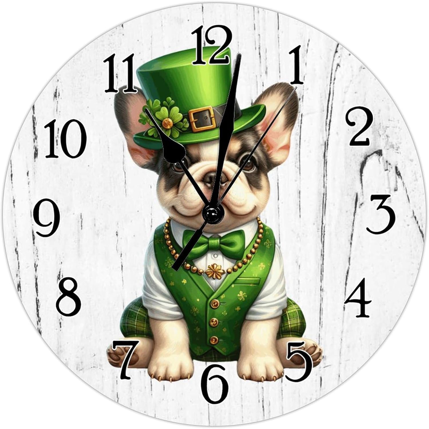 French Bulldog St. Patrick's Day Clocks French Bulldog Dog Green Leprechaun Hat Leaf Wall Clock Funny Dog Animal Round Wooden Wall Clocks Non-Ticking Wall Clock for Living Room 12x12in