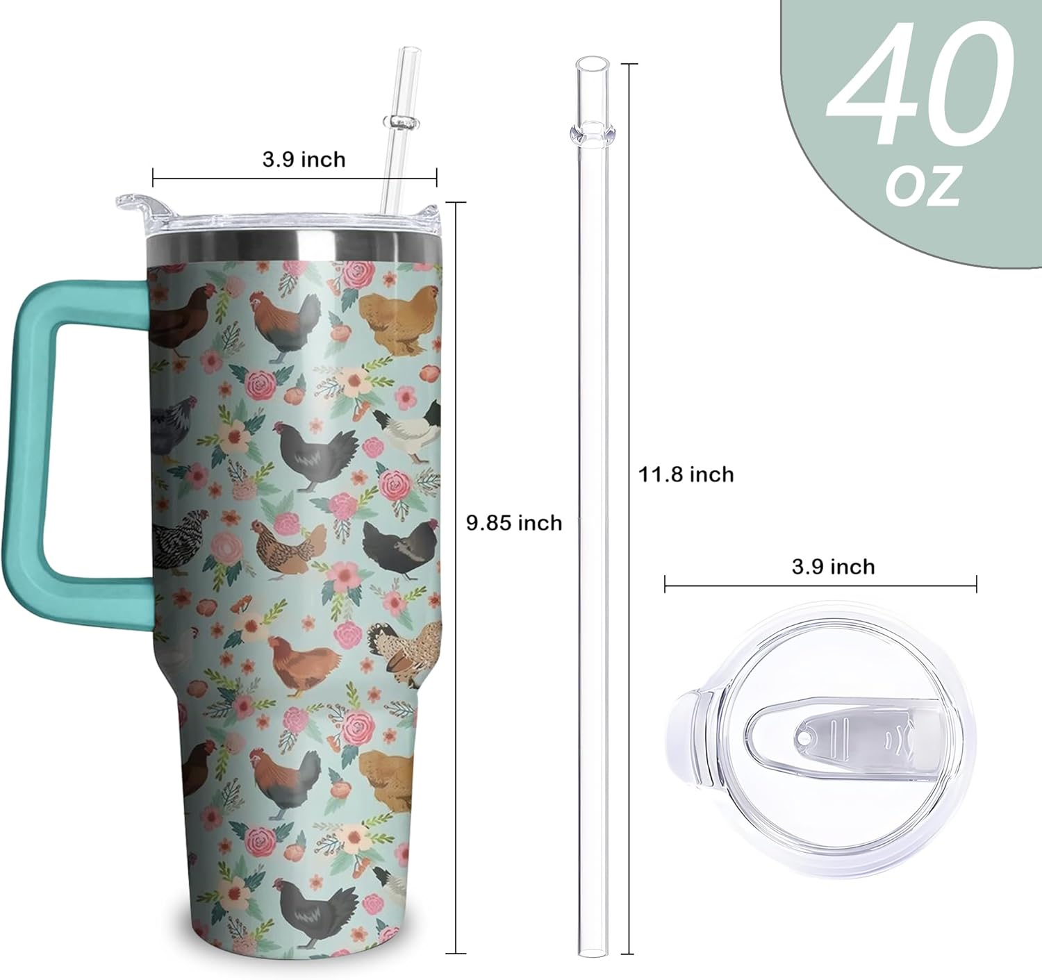 Chicken Tumbler with Handle and Straw, 40 oz Stainless Steel Pink Insulated Cup with Lid and Straw,Travel Coffee Mug Water Bottle, Birthday Christmas Mothers Day Gifts for Animal Lovers Women - Image 2