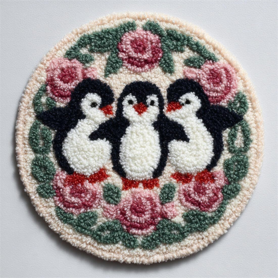 Rqwybcaxn S Diy Rug Latch Hook Kit For Beginner Animal Cros Stitch Kit Penguin And Rose 60X60cm Round Tapestry With Crochet Hook Bedroom Craft Gift