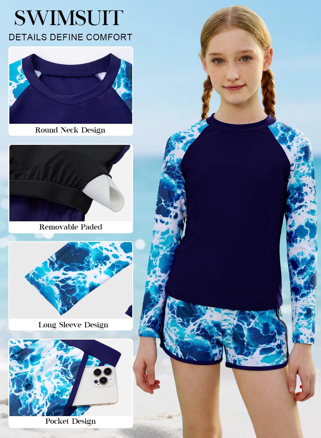 Girls Rash Guard Swimsuit Two Piece Bathing Suit UPF 50+ Sun Protection Long Sleeve Swimwear 6-14 Years - Image 4