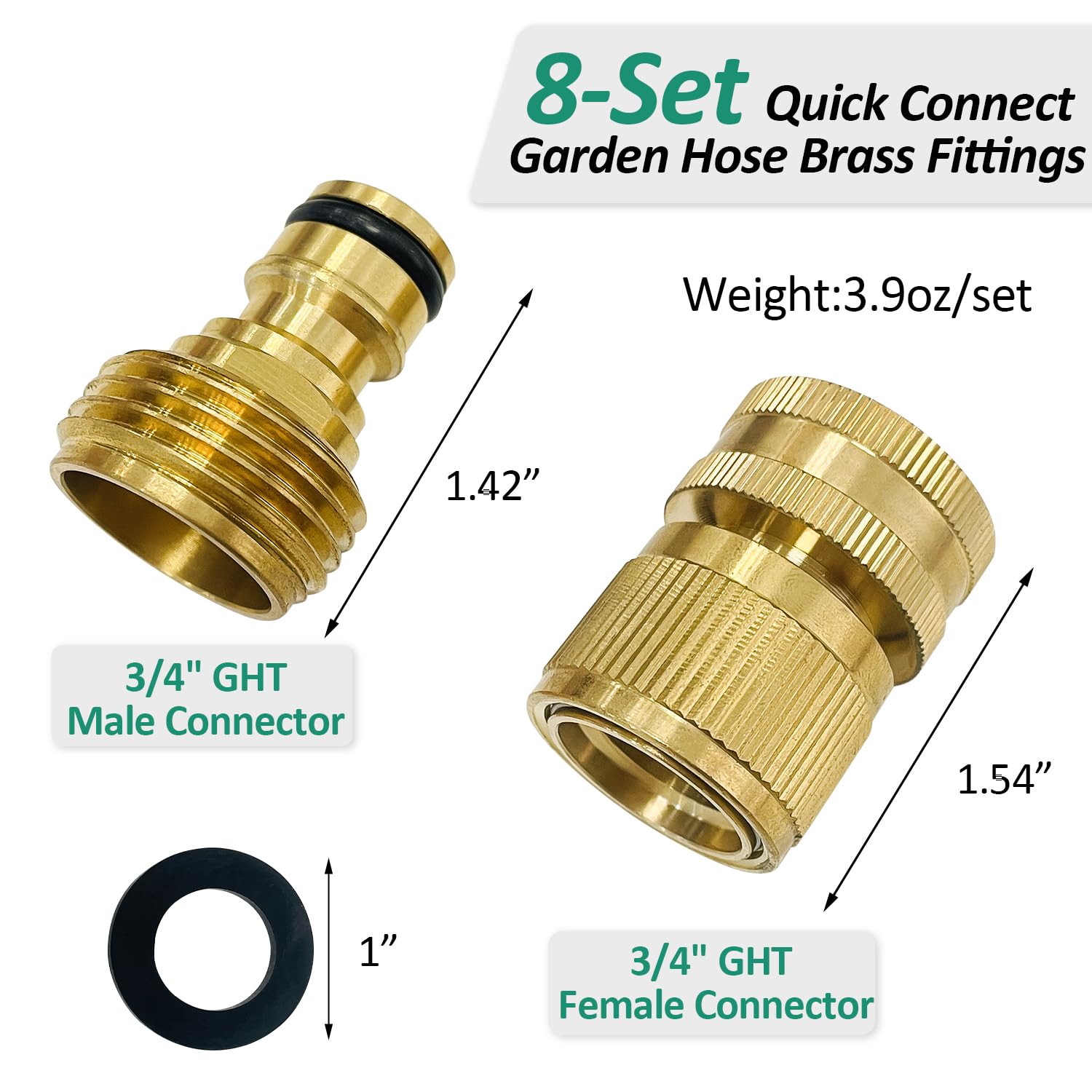 8er-Set Gartenschlauch-Schnellverbinder, massives Messing, 3/4 Zoll GHT-Gewindeverschraubungen, robuster auslaufsicherer Wasserschlauch-Adapter mit Buchse und Außengewinde