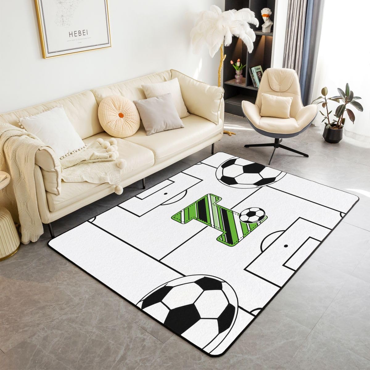 Homewish Dywaniki do piłki nożnej 100 x 150 cm do sypialni salonu - spersonalizowany inicjał i nowoczesny dywan podłogowy biały i czarny gra w piłkę duże dywany boisko piłkarskie nie gubi dywanu
