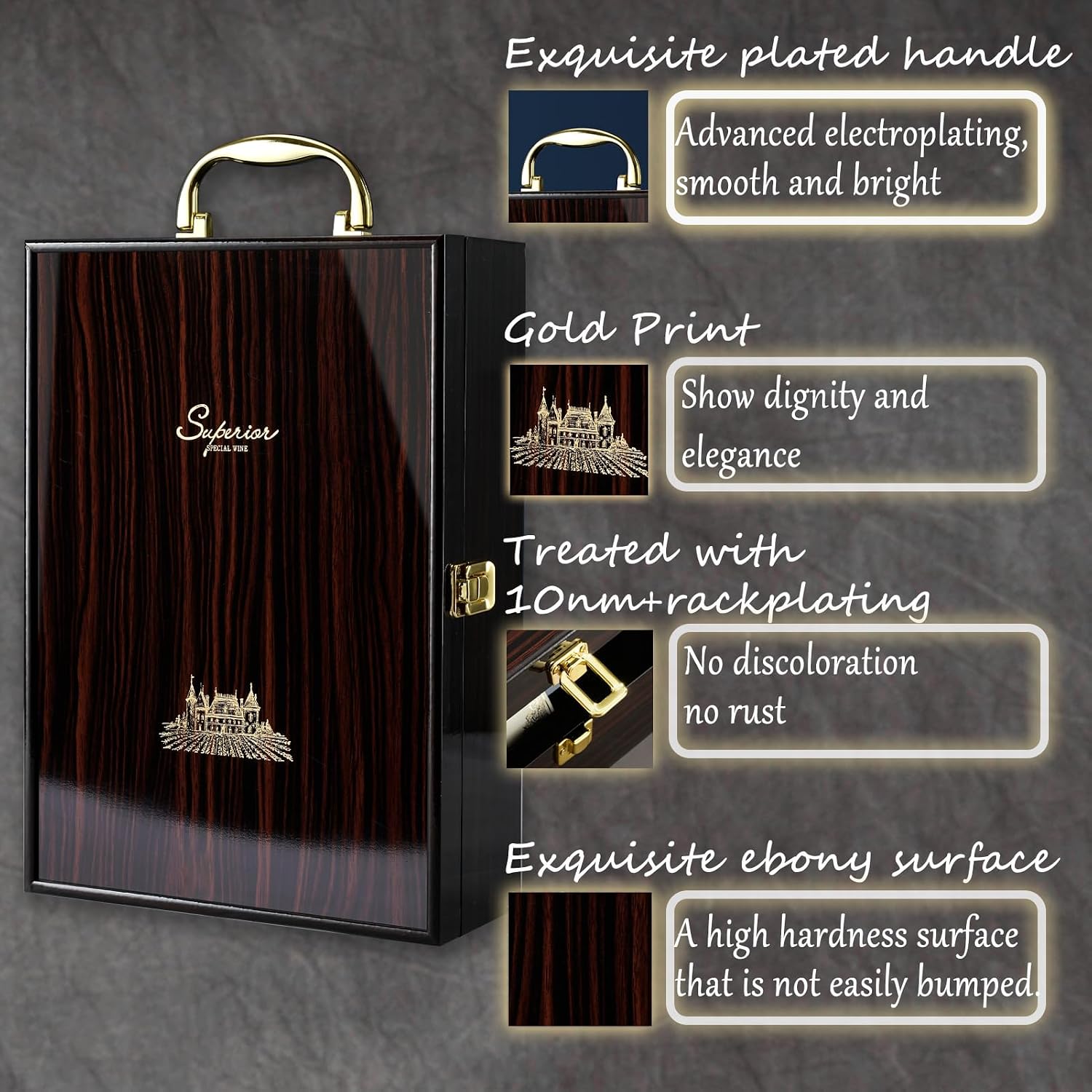 Wine Box, 2 Bottle Top Handle with 3 Accessory Gift for Wedding,Party,Gift,Birthday,Vintage Ebony Wine Storage Box for Home Bar Decor,Handmade Premium Carrier Case
