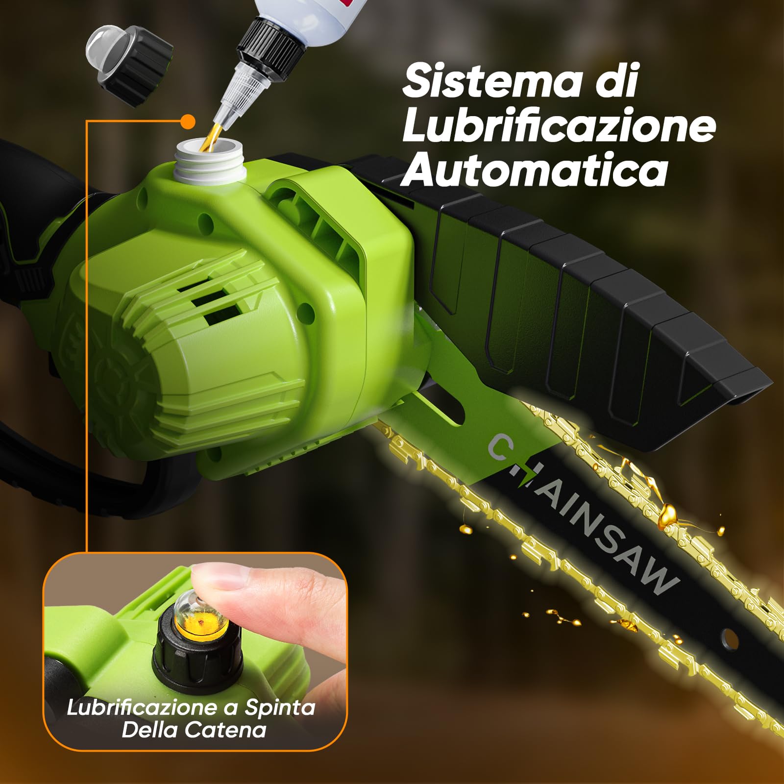 Motosega A Batteria 6 Pollici 960W - Mini Motosega Elettrica Per Potatura, Con 2 Catene, Lubrificazione Automatica, Kit Completo Di Sicurezza
