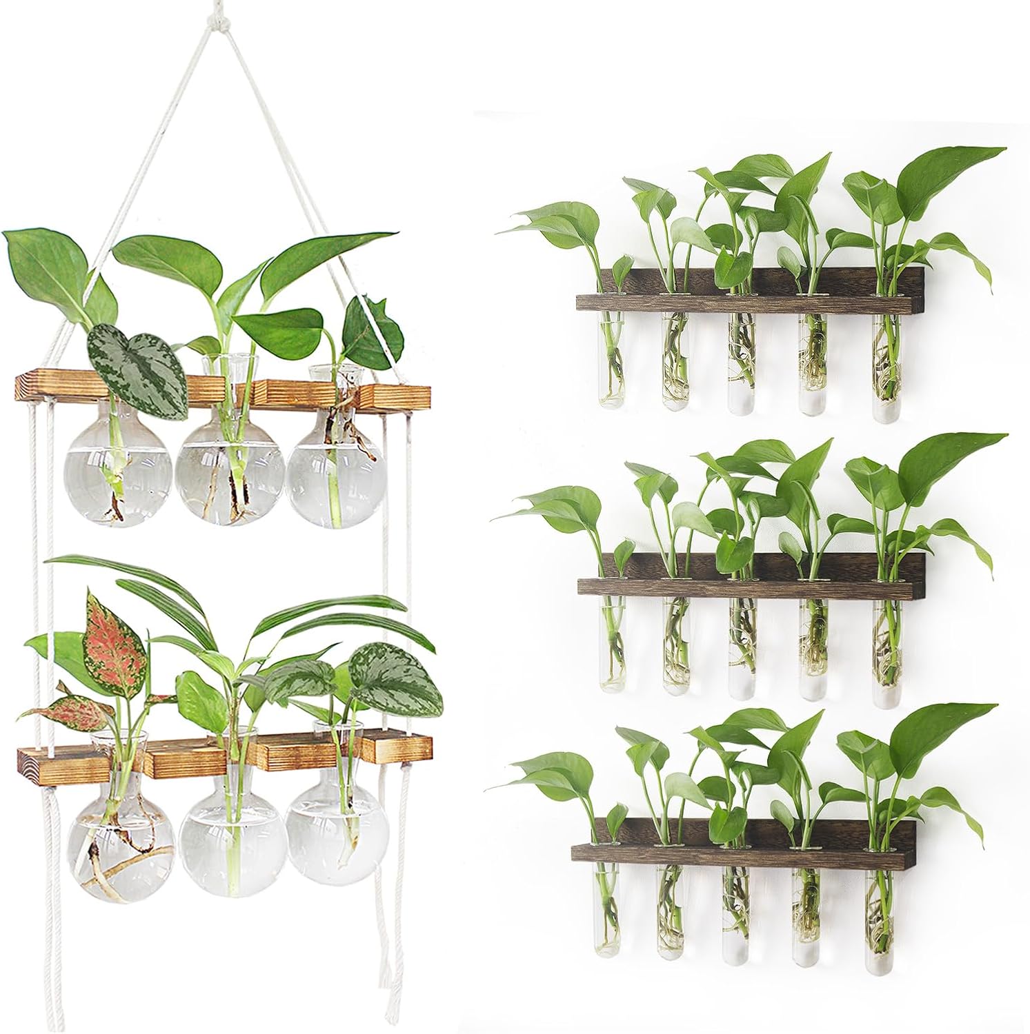 Wall Hanging Plant Propagation Station, 6 Bulb Plant Terrarium with 2 Tiered Wooden Stand, 15 Glass Test Tubes Vase with 3 Tiered Wooden Stand for Hydroponics Plants Office Decor, Gifts for Women