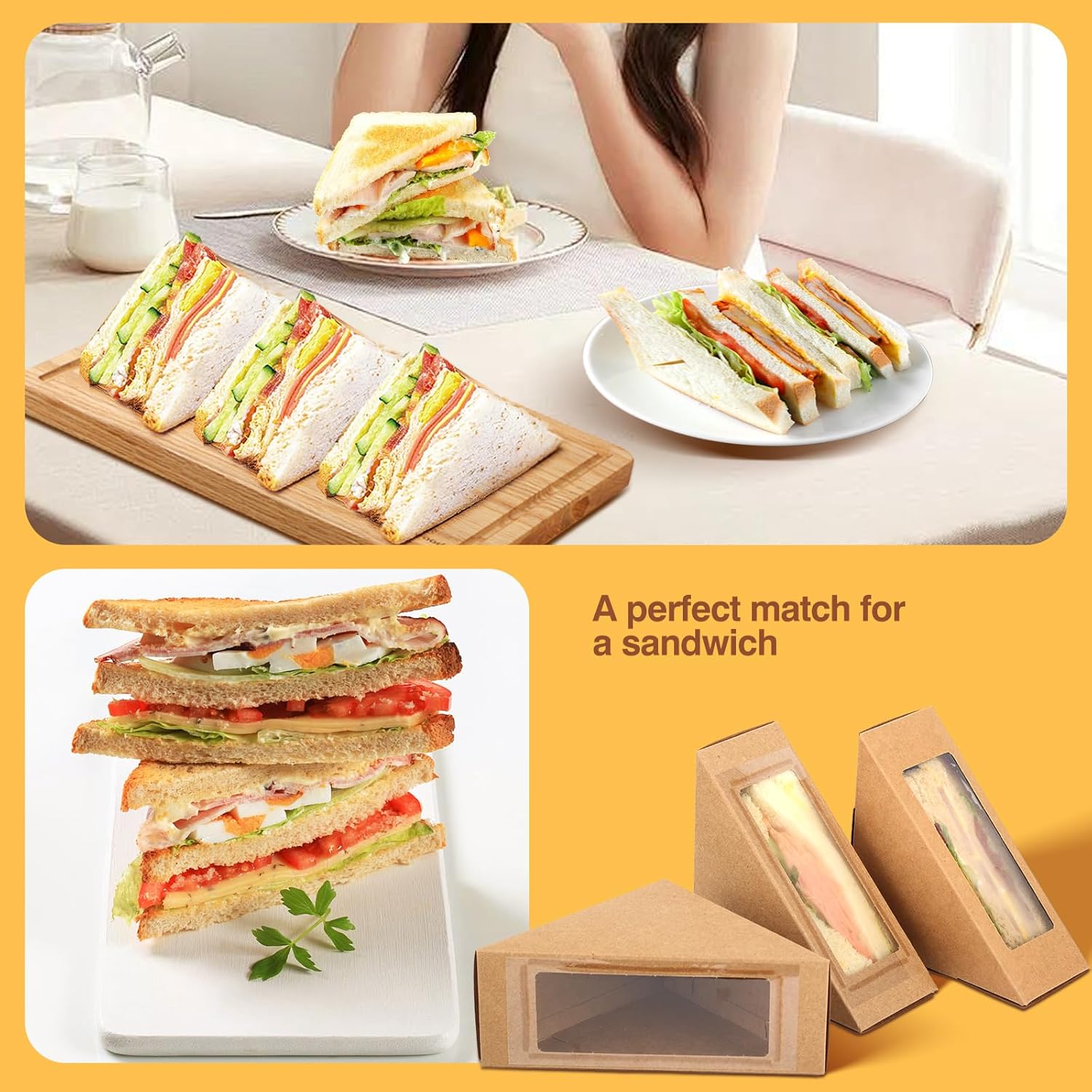 200 Pack Kraft Paper Sandwich Boxes with Window Sandwich Take Out Boxes Food Containers for Toast, Donuts, Burgers Take Away