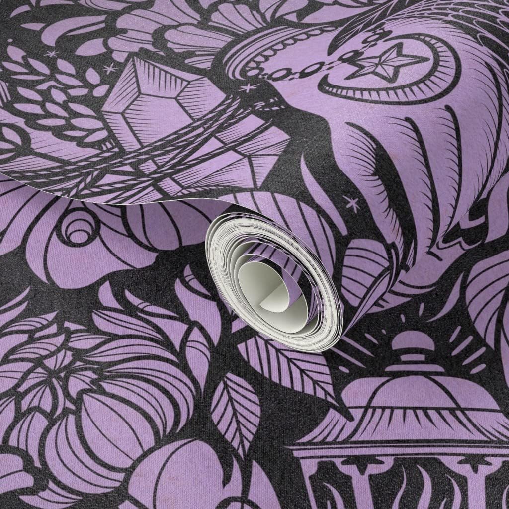 Spoonflower Peel & Stick Wallpaper Swatch - Witch Life Purple Halloween Moth Spooky Snake Custom Removable Wallpaper